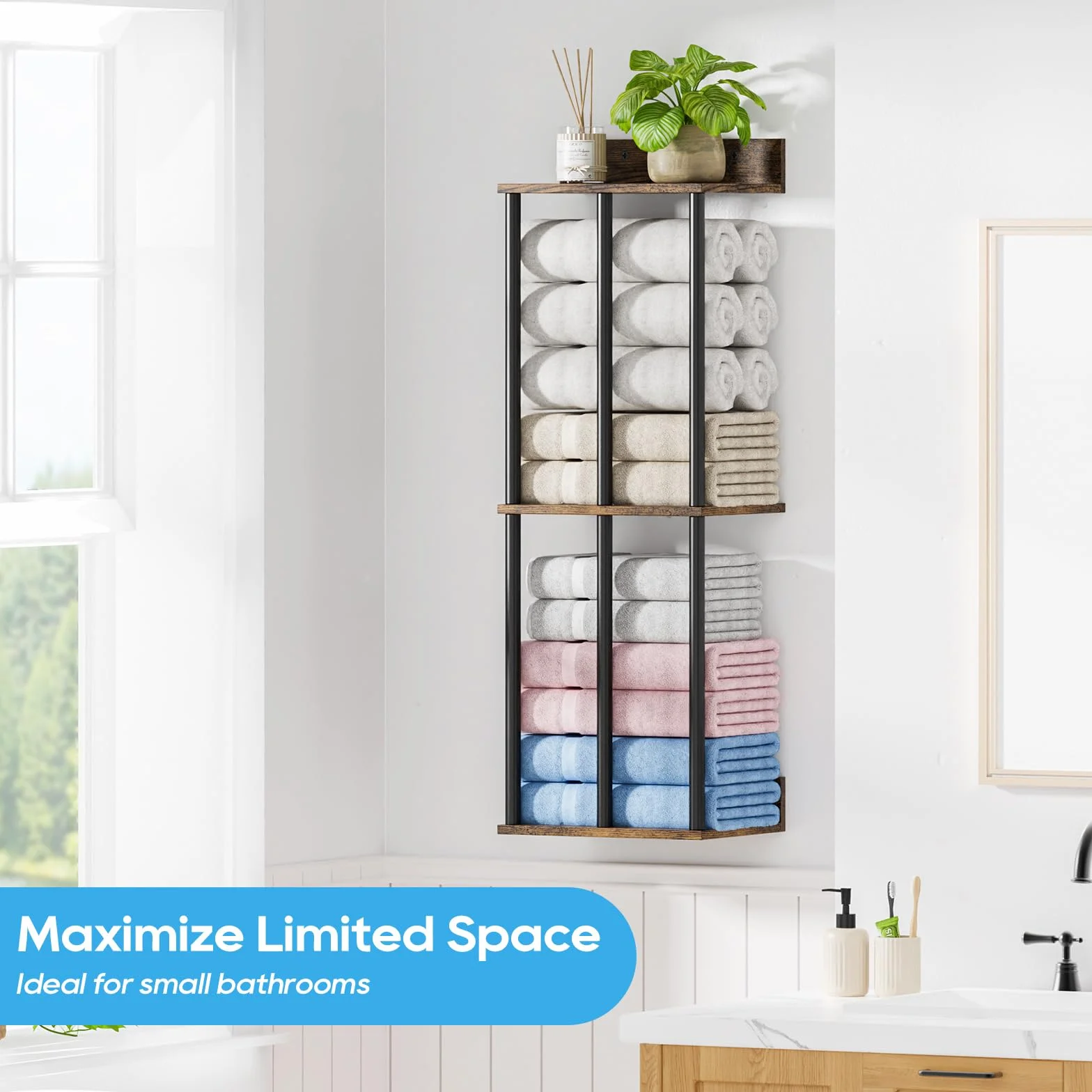 Soporte para Toallas de Pared con Estante de Madera - Organizador de Baño con 3 Barras, Gran Capacidad y Fácil Instalación - Ideal para Toallas Enrolladas - Marrón