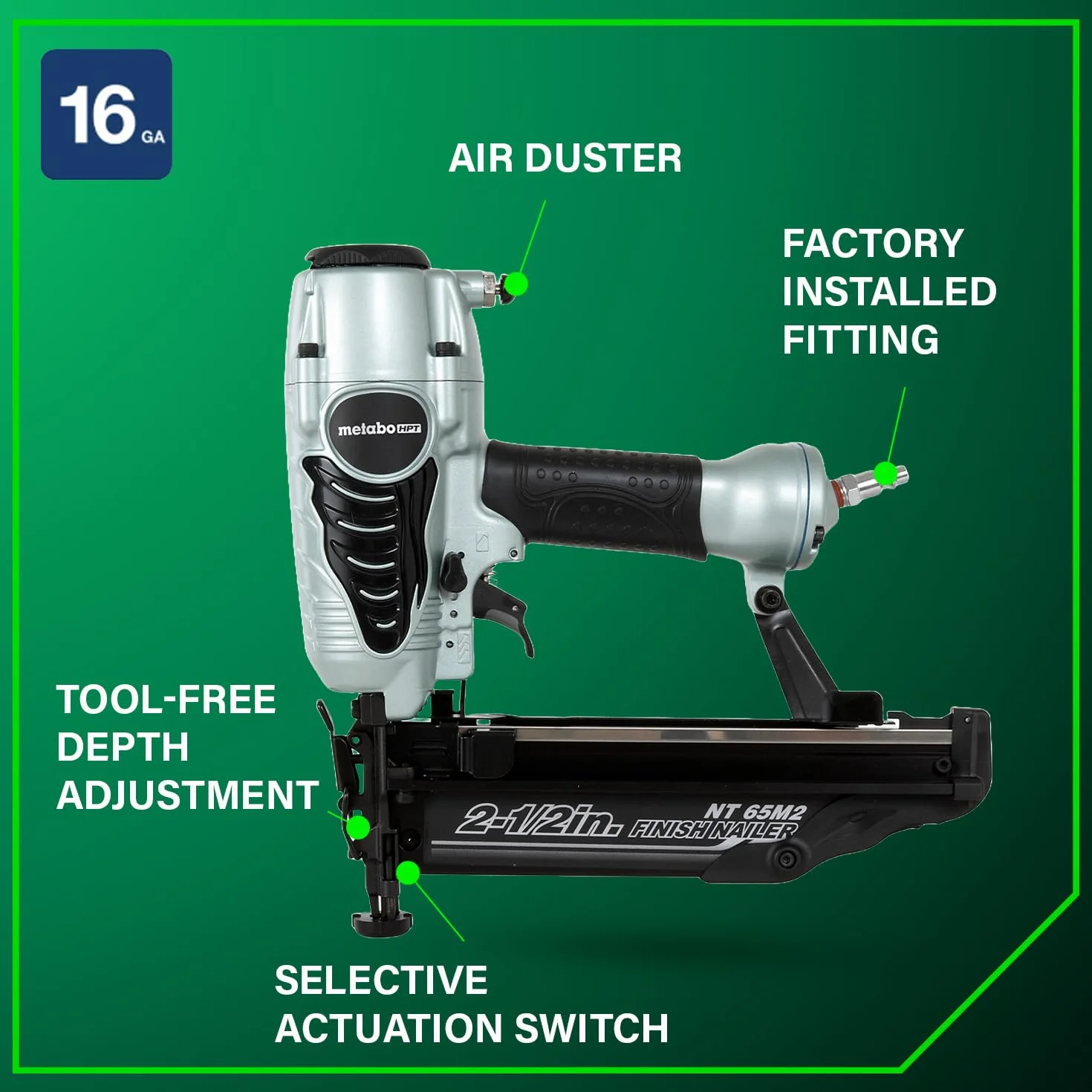 Metabo HPT Kit de clavadora Pro Preferred Finish | Calibre 16 | Acepta clavos de 1 pulgada a 2-1/2 pulgadas | Ideal para moldear, gabinetes y más | NT65M2S