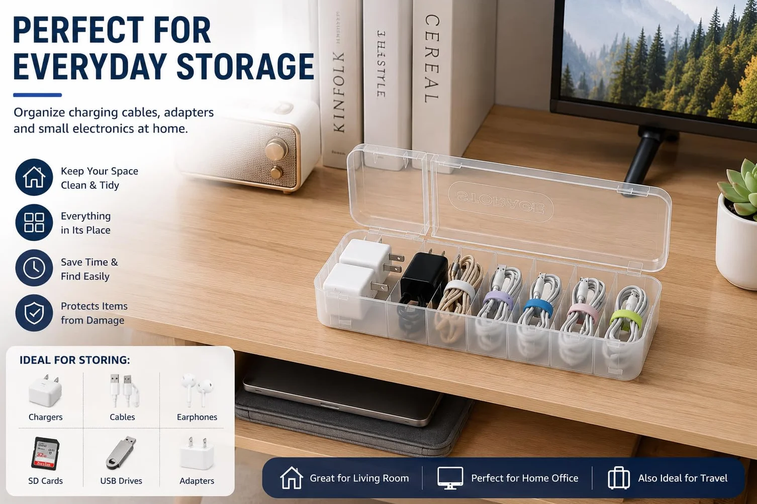 Caja de almacenamiento para cables, 2 unidades, 7 compartimentos, transparente con 12 bridas, organizador de doble apertura