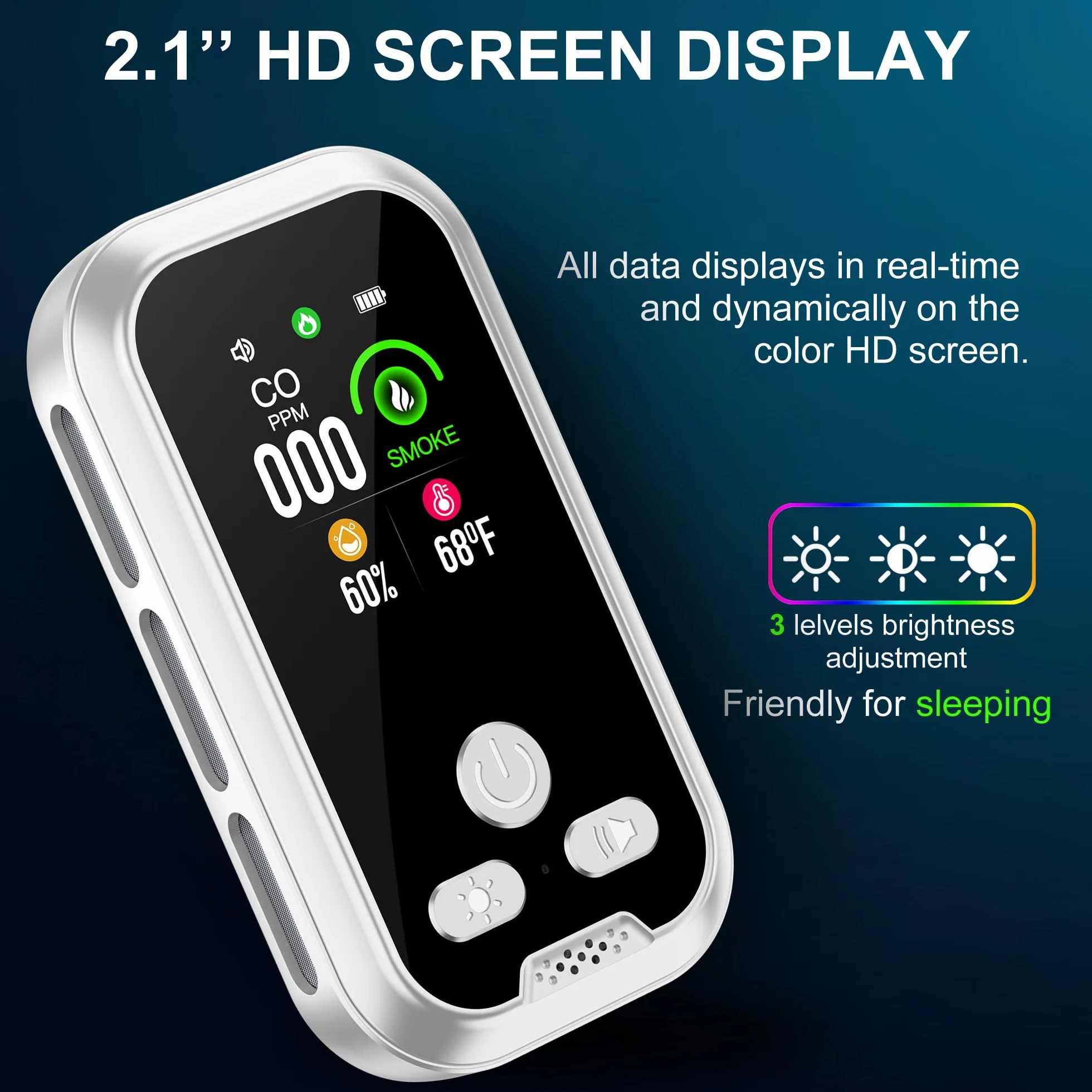 Plug in 4in1 Detector de Humo & Monoxido de Carbono Combinación con Batería de Respaldo 2000mAh 2.1‘’ HD Pantalla [CO Humo Humedad Temperatura Sensores] para de Casa (DH11-CS, Blanco)