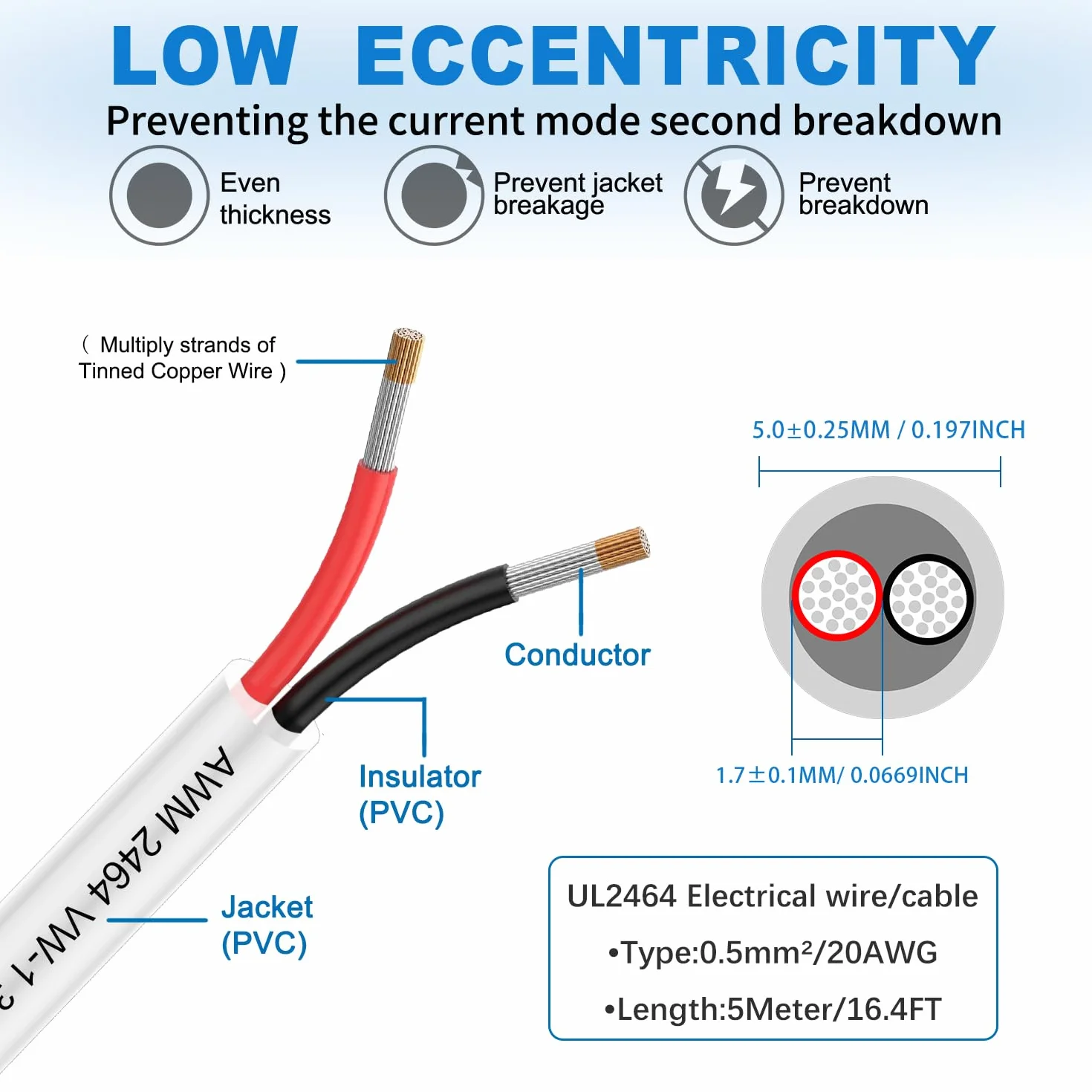 2×0.5mm² 5Metre 20AWG Cable eléctrico de 2 núcleos 5V/12V/24V/300V cable de cobre estañado libre de oxígeno de múltiples hebras para el paisaje, lámparas LED, automoción, al aire libre (20/2-5M)