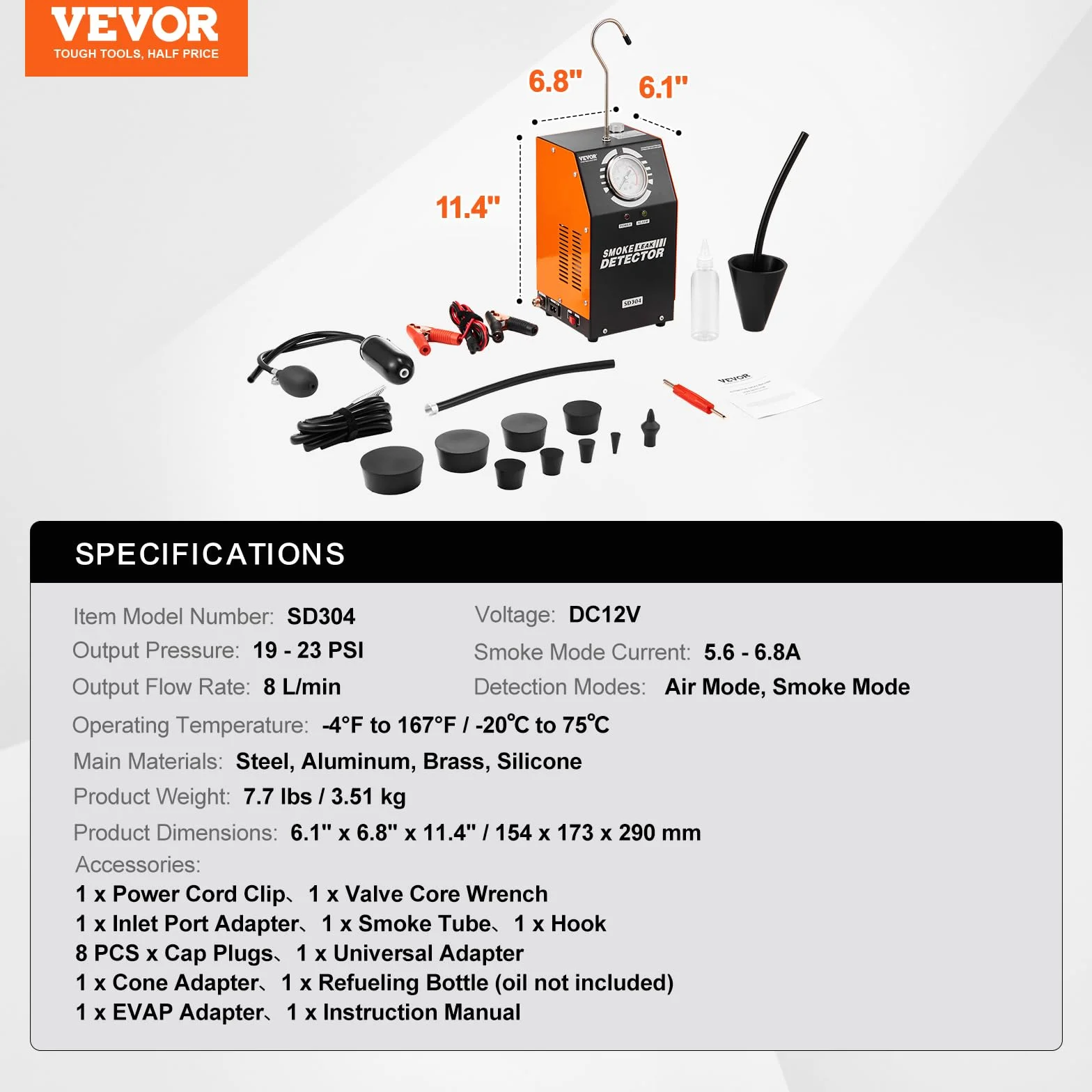 VEVOR Máquina Detectora de Fugas de Humo 8 L/min, Modo Aire, Detector Automóvil -20°C a 75°C 154x173x290 mm 19-23 PSI