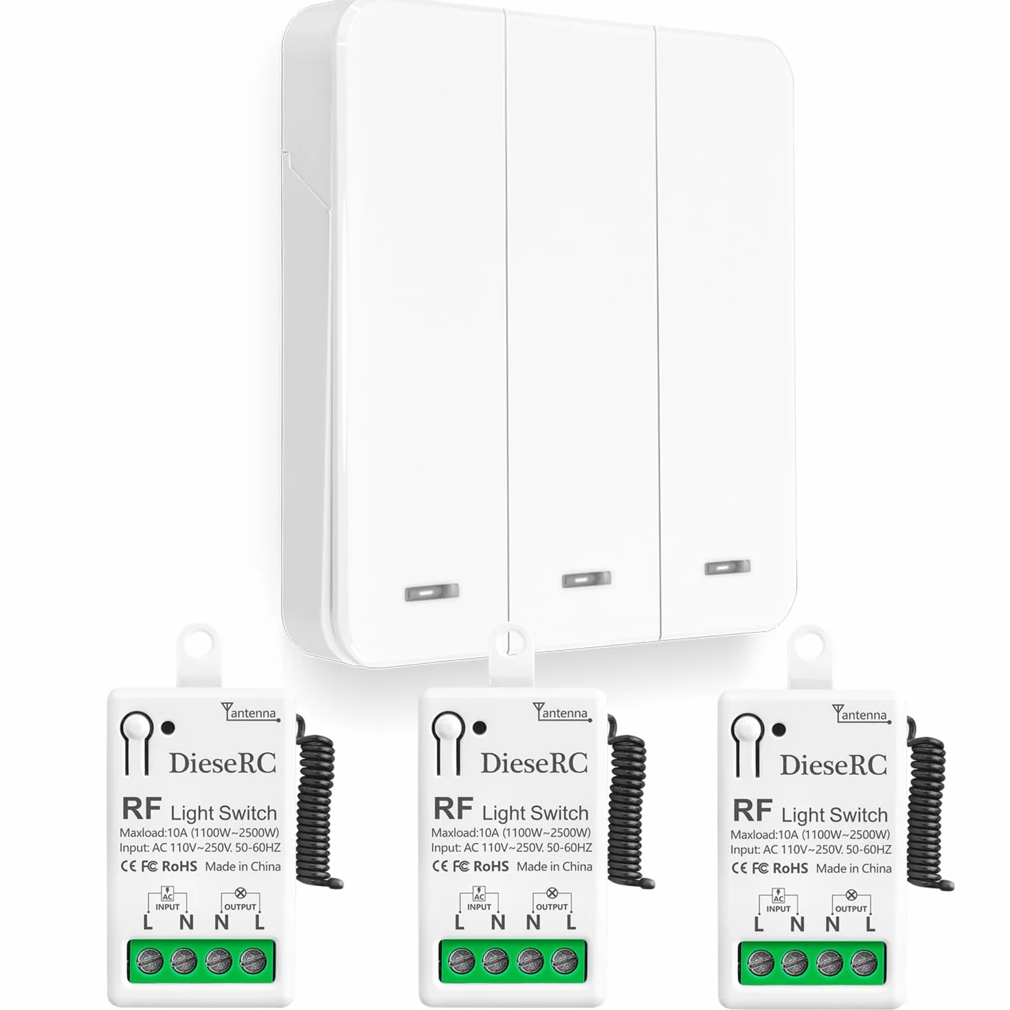 DieseRC Interruptor de Luz Inalámbrico, Interruptor Transmisor RF Para Panel Mural de 86 y Controlador Receptor de Relé de 10 A, para Luces de Hasta 1500 W