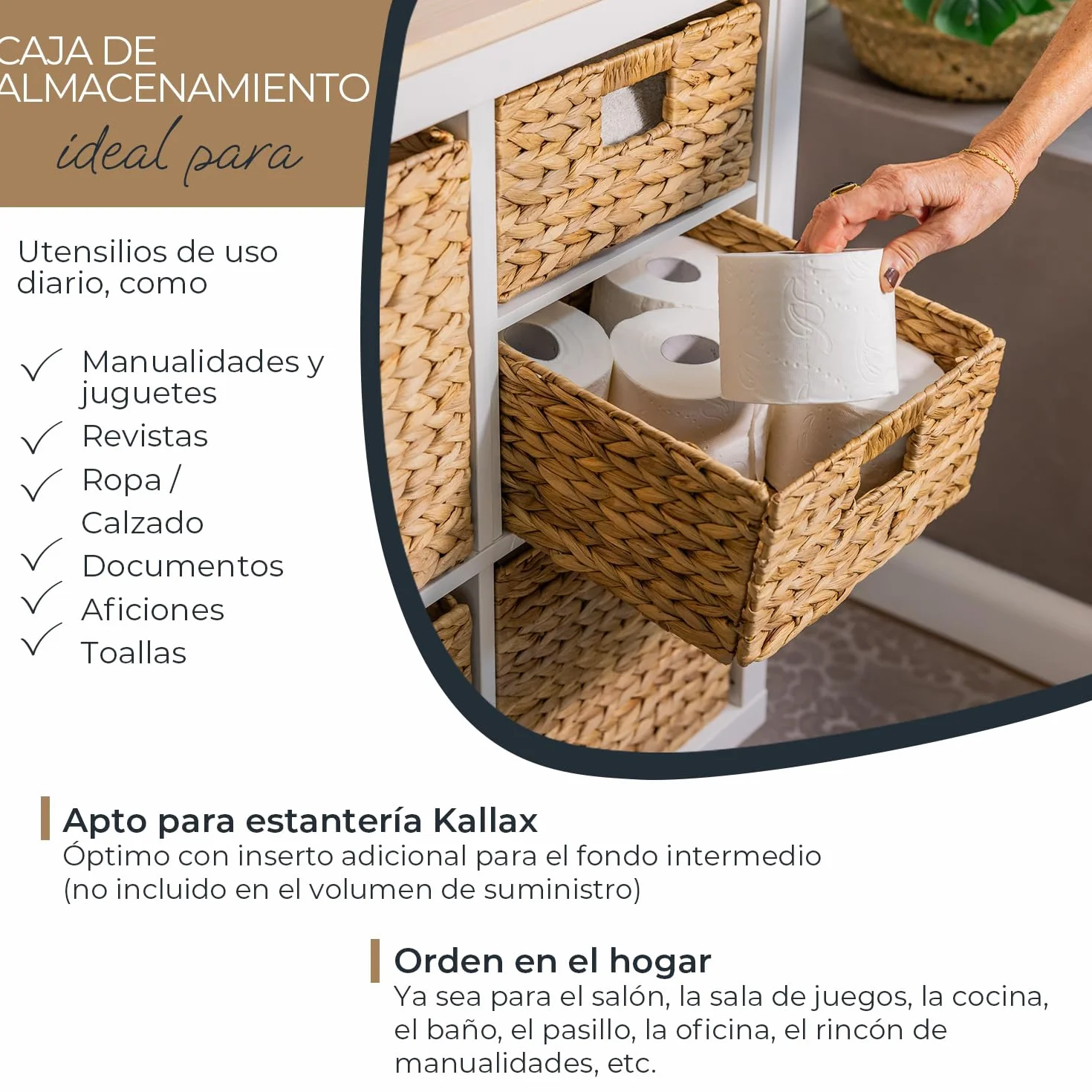HMF cesta de almacenaje compatible con KALLAX medio compartimento, cesta tejida de jacinto de agua con asas Juego de 2 30x34x15 cm Natural