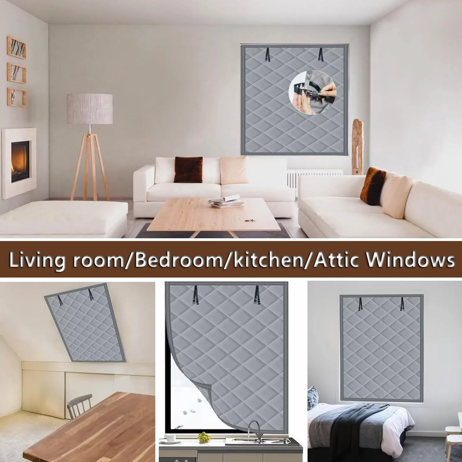 Kit de aislamiento para ventanas, Cubierta térmica para ventanas a prueba de viento y frío, Aislamiento de tela Oxford para ventanas en invierno(65x130cm,gris)
