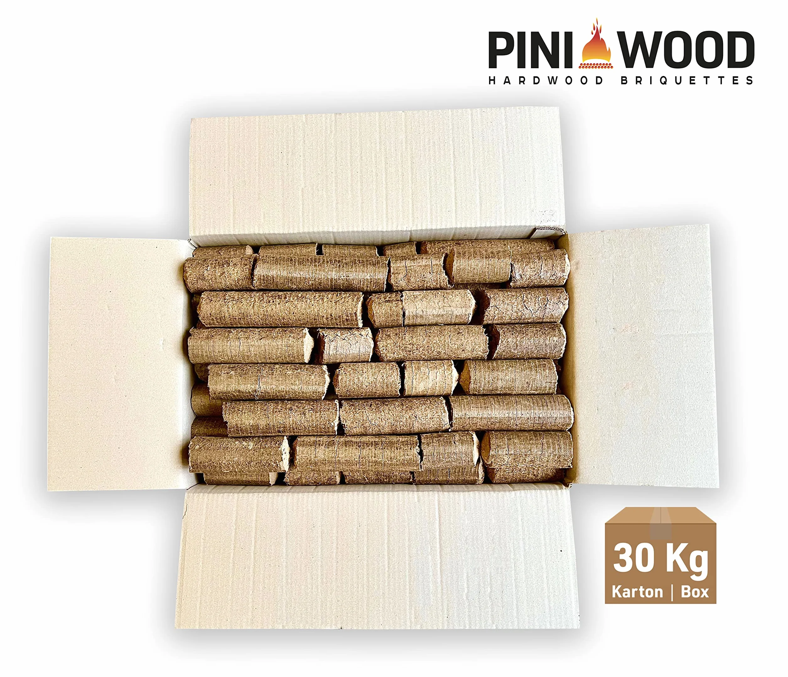 PINI Briquetas de madera dura, 100% roble, 30 kg, chimenea, estufa, leña, barbacoa, briquetas de roble con larga duración de combustión
