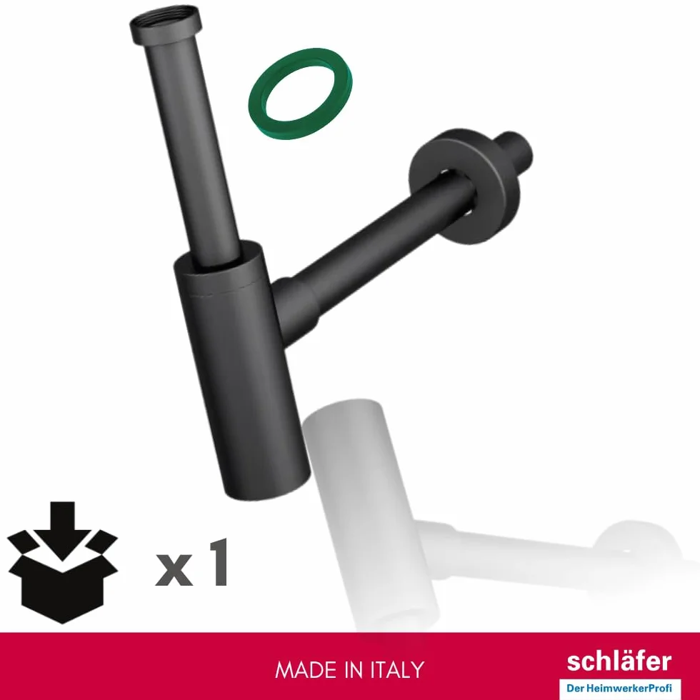 Schläfer 3439430 | Sifón de ABS 1 1/4 minimalista, sifón redondo para lavabo y bidé, desagüe lavabo universal, sifón de plástico antiolor, negro mate, tubo desagüe pared Ø 32 mm.