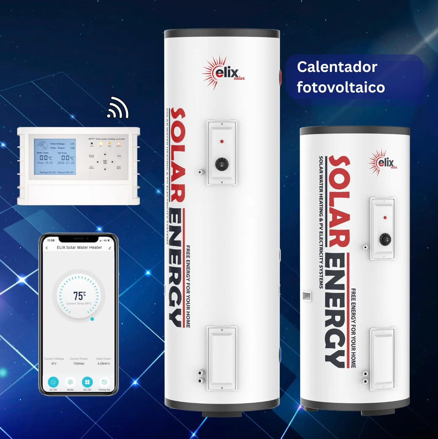 Calentador de Agua Solar Elix PV Termo Eléctrico con MPPT, 200L, DC1500W