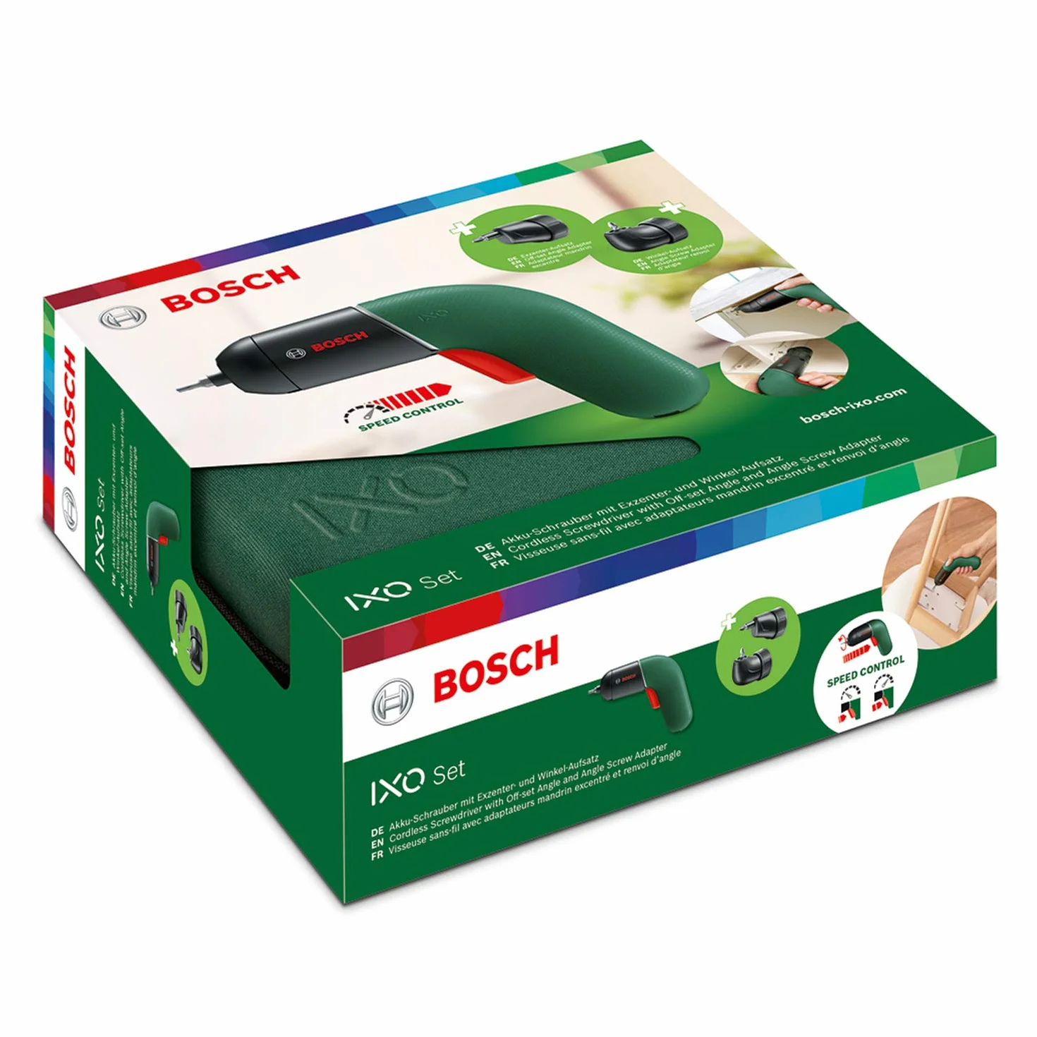 Bosch atornillador a batería IXO Set (6.ª generación, verde, con adaptadores angular y excéntrico IXO, CONTROL DE VELOCIDAD variable, recargable con cable micro-USB, en maletín blando)