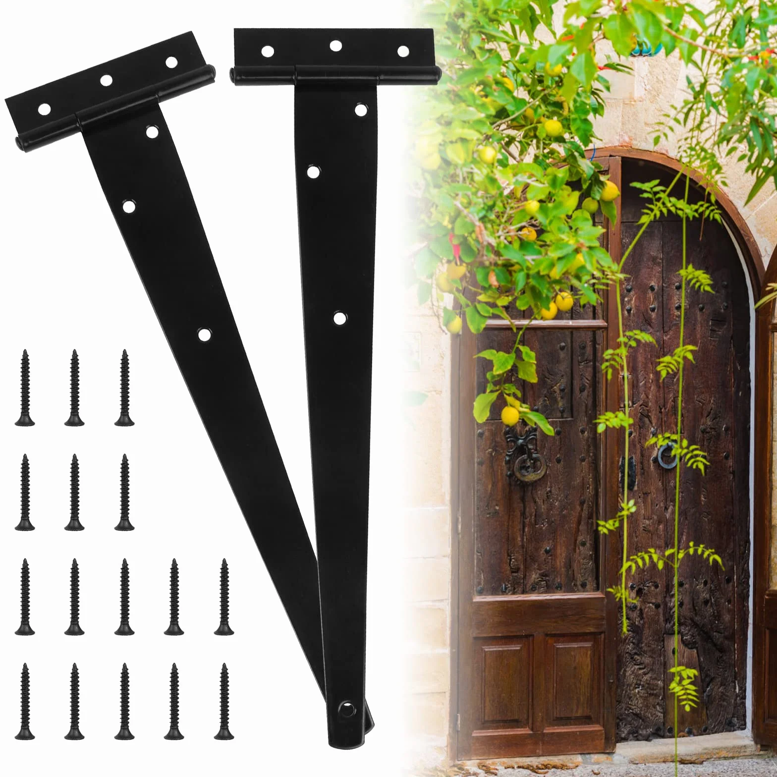 2 Piezas Bisagra T Negra Resistente de Madera, 12 Pulgadas en Zinc para Cocina, Ventanas, Vallas, Cobertizos y Puertas - Con 20 Tornillos