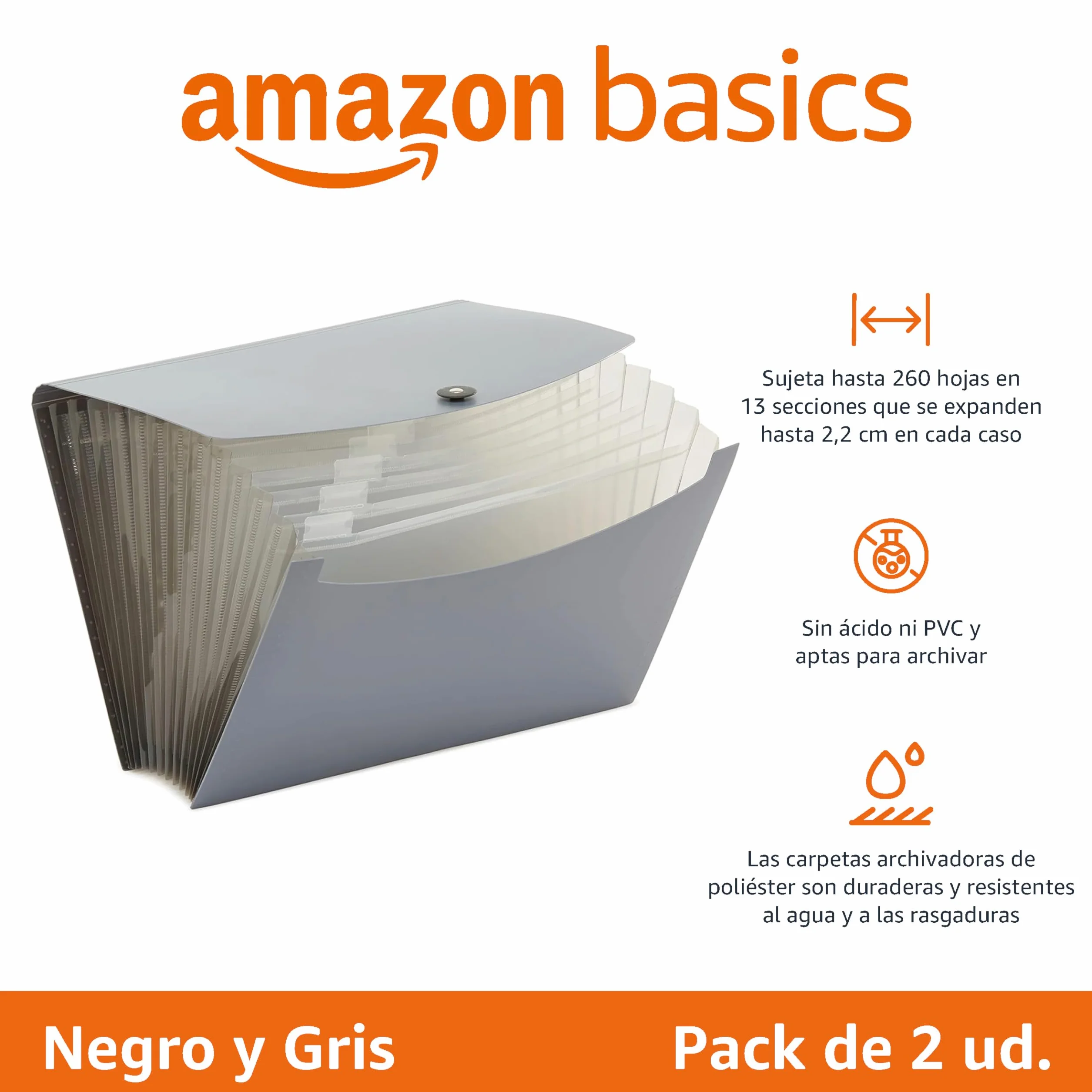 Amazon Basics Carpeta acordeón A4, Paquete de 2, Gris/Negro