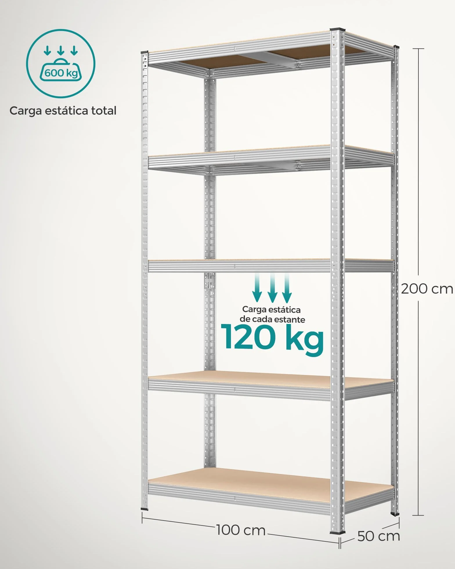 SONGMICS Estantería de 5 Niveles, 200 x 100 x 50 cm, Carga de 875 kg (175 kg por Nivel), Estantería para Cargas Pesadas, Estante Ajustable en Altura, para Garaje, Sótano, Plata GLR050E01