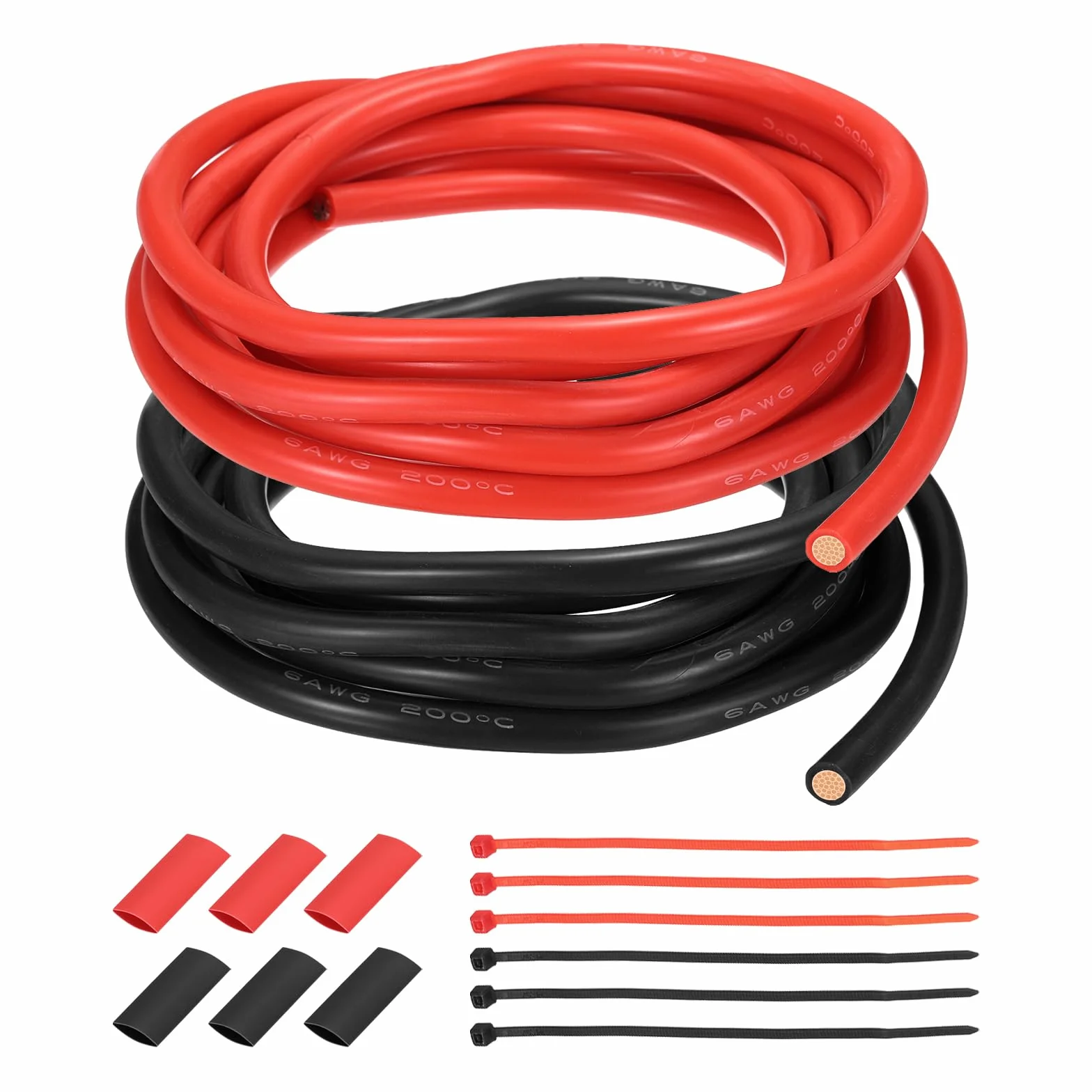 QUARKZMAN 2 Piezas Cable Eléctrico de Silicona 6 AWG, Cable de Cobre Estañado Calibre 6 3m/10ft con Tubo Termorretráctil y Bridas Para Automóvil, Motor, Inversor RV - Rojo y Negro