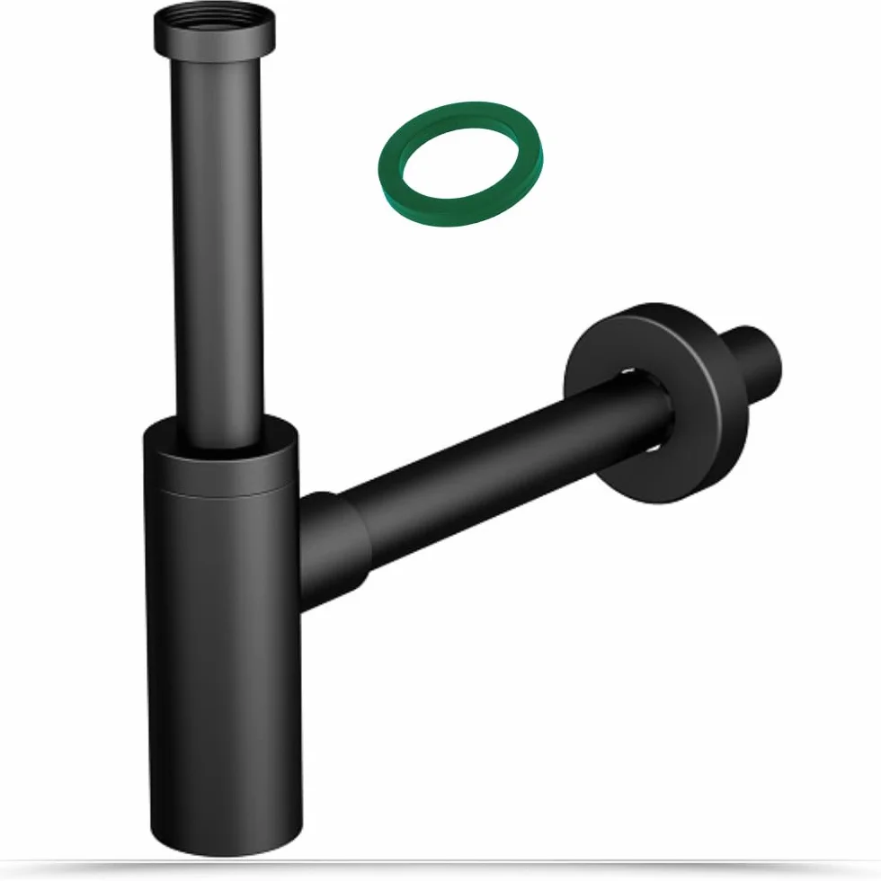 Schläfer 3439430 | Sifón de ABS 1 1/4 minimalista, sifón redondo para lavabo y bidé, desagüe lavabo universal, sifón de plástico antiolor, negro mate, tubo desagüe pared Ø 32 mm.