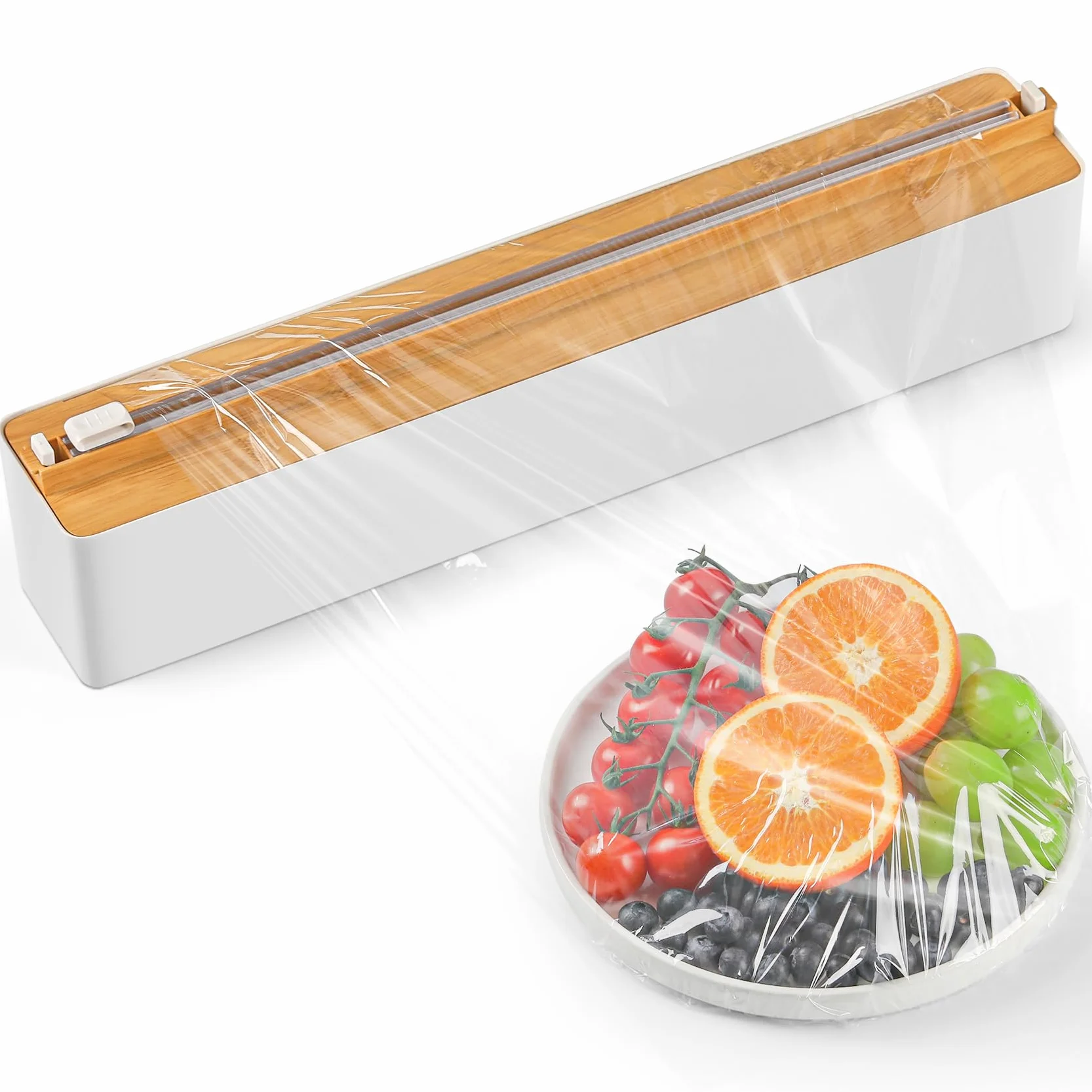 Dispensador Papel Aluminio y Film - Organizador de Cocina Magnético y Adhesivo sin Taladrar - Corte Preciso y Ahorra Espacio, Cortador de Film Transparente - Incl. Rollo 30cm x 50m, Natural