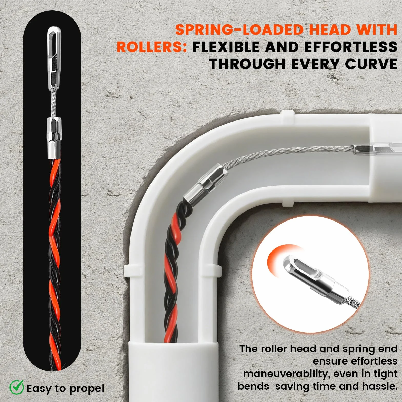 Guía Pasacables 30m, Enhebrador de Alambre Electrico Diámetro 5 mm, Sonda Guía para Electricista con 2 Muelles de Guía, con Mango, Herramienta para Pasar Cables en Instalaciones Eléctricas (Naranja)