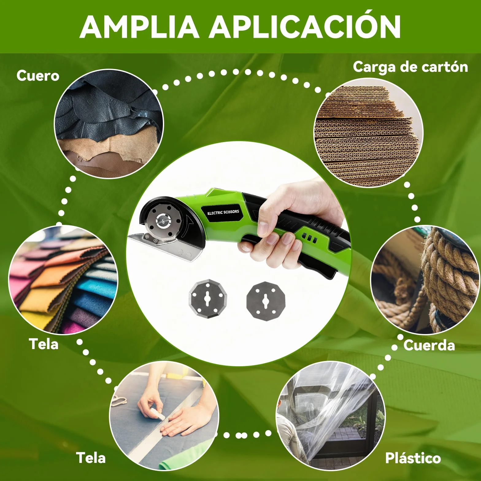 Cortadora de Tijera Eléctrica Inalámbrica, 4,2V Recargable Tijeras Electrica Costura con batería de 2000 mAh y 2 cuchillas para papel, cartón, alfombra, cuero, fieltro