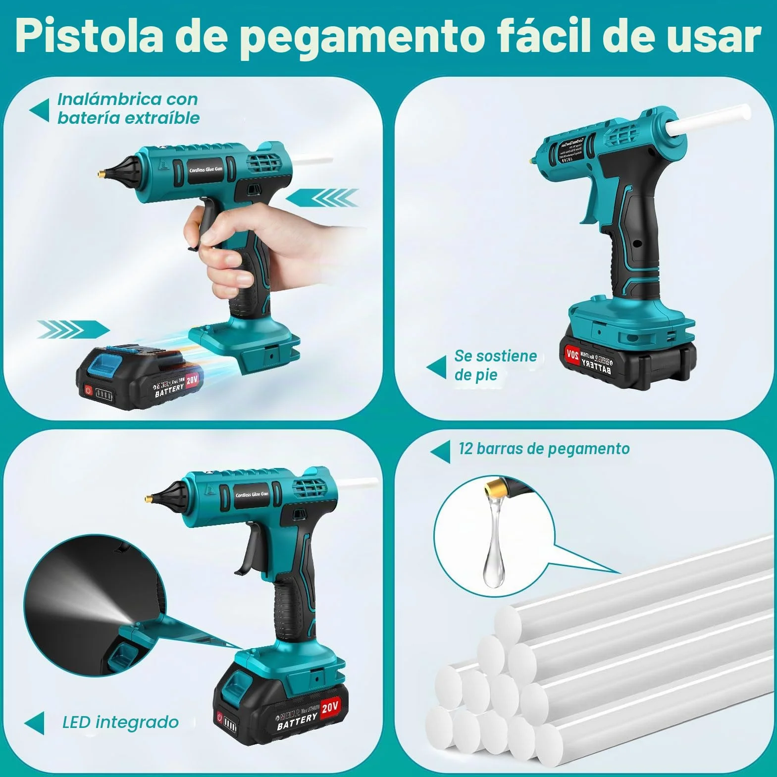 Pistola de Pegamento Caliente Inalámbrica con Batería de 100 W, con Batería de 21 V y 2000 mAh y Cargador, Pistola de Pegamento de Calentamiento Rápido con 12 barras de Pegamento, Pistola de Pegamento
