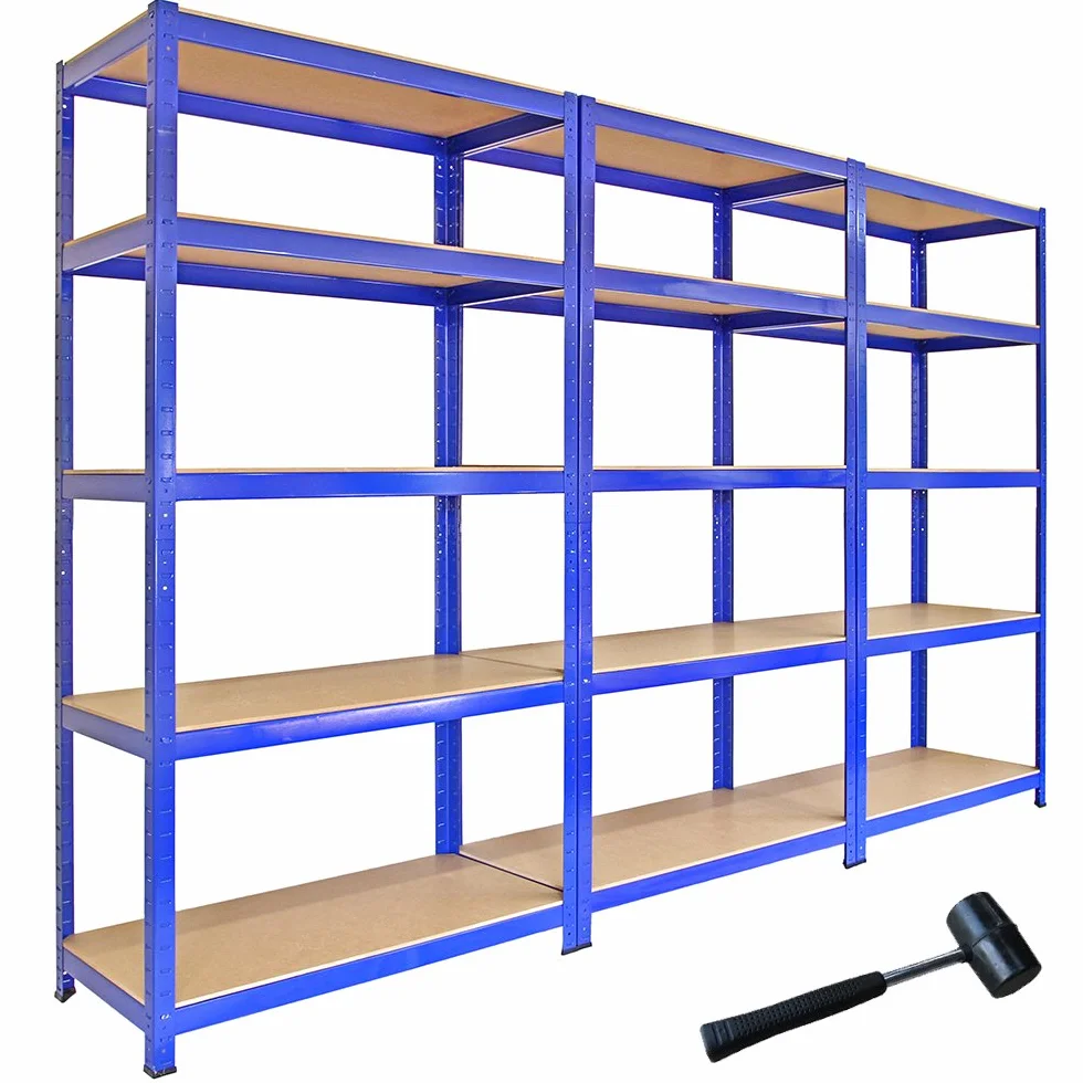 3 Estanterías Azules Metalicas T-Rax Sin Tornillos 90x45x180cm con 5 Estantes Baldas Repisas Capacidad Peso 280kg por Estante Almacenamiento Almacenaje Herramientas Taller Garaje + Mazo de Goma GRATIS