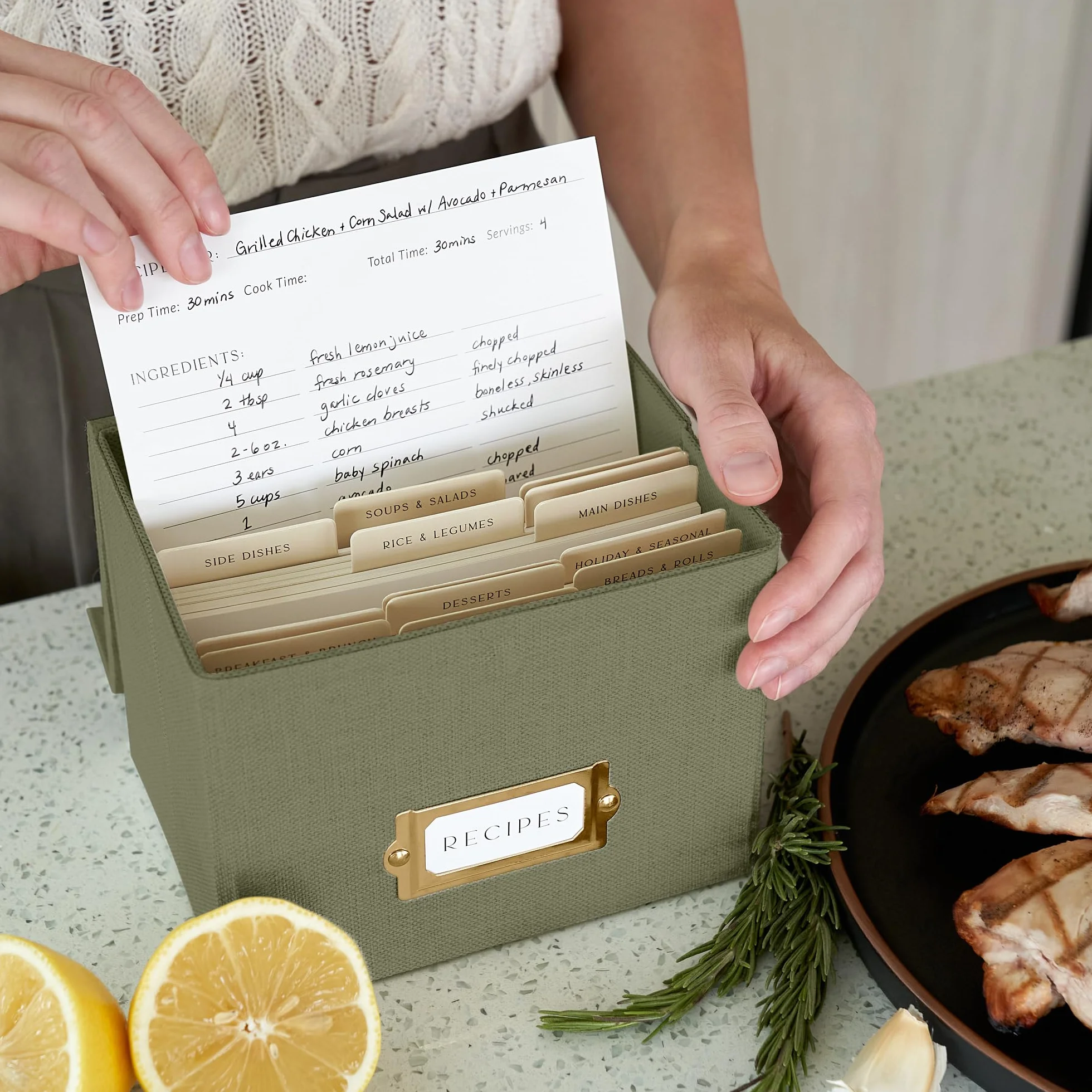 ZICOTO Caja de recetas de lino para tarjetas 4x6 pulgadas, organiza hasta 250 recetas