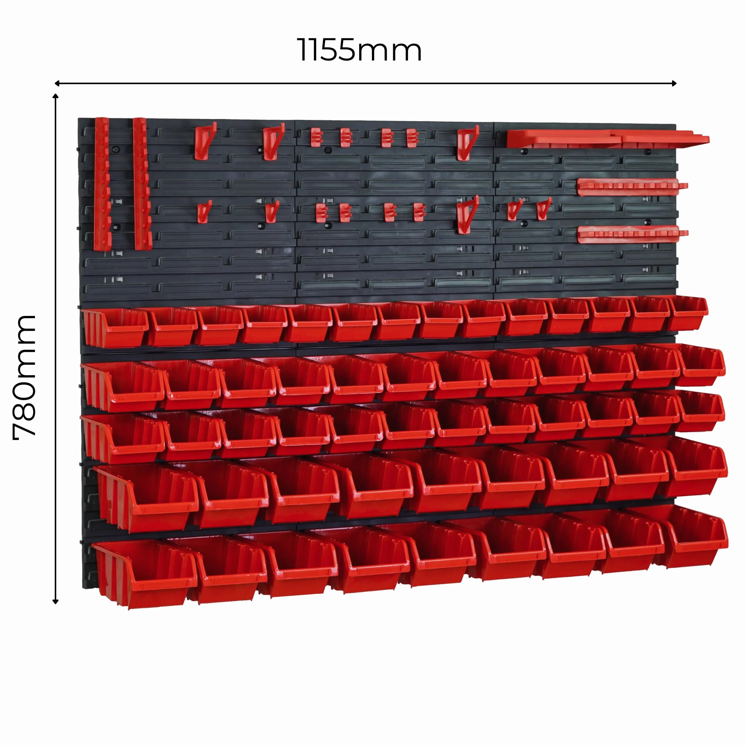 Juego de 84 cajas apilables y 6 estantes de pared de 39 x 38 cm y portaherramientas | Pared perforada para un almacenamiento flexible | Portaherramientas para taller, garaje y hogar | orden fácil