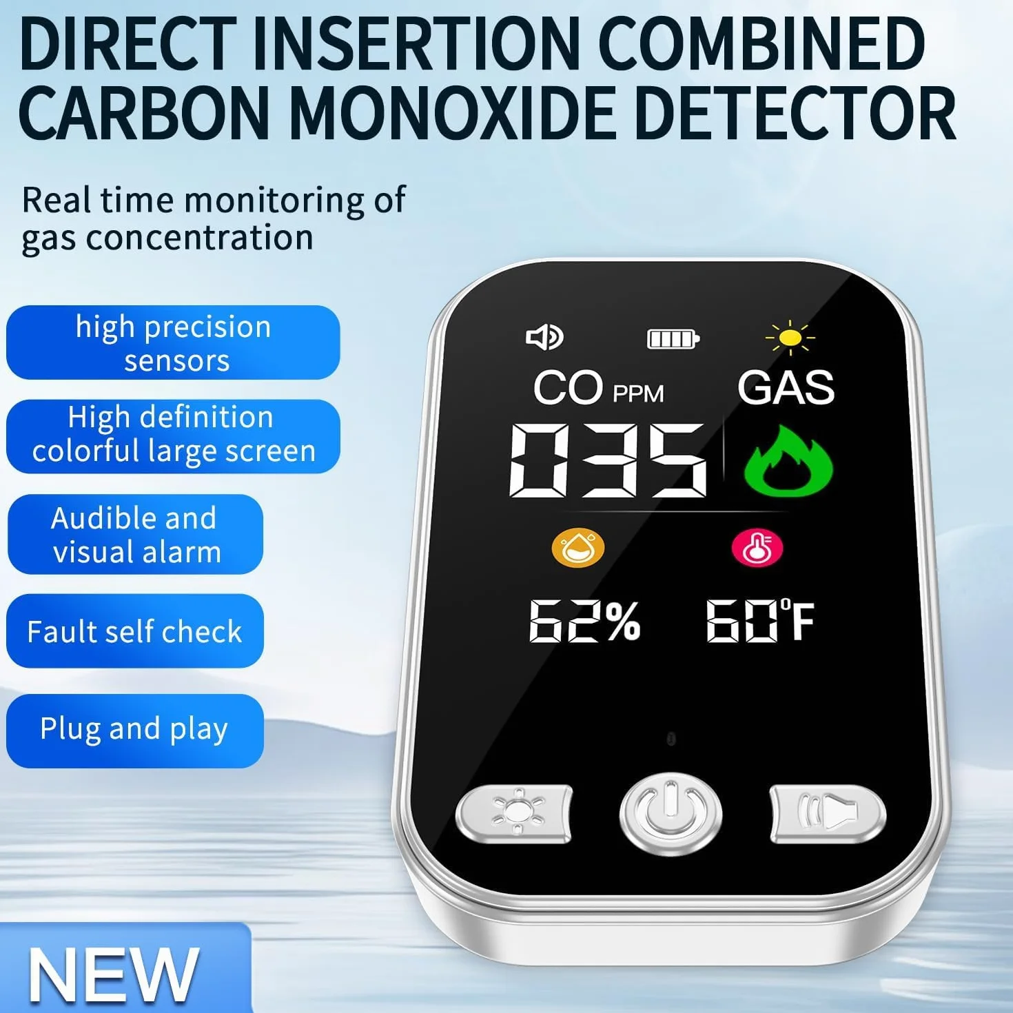 Wolf-Guard Detector de Monóxido de Carbono y Gas | Monitor Digital con Pantalla LCD, Alarma Audible y Visual, Sensor de Temperatura, Sensor de Humedad