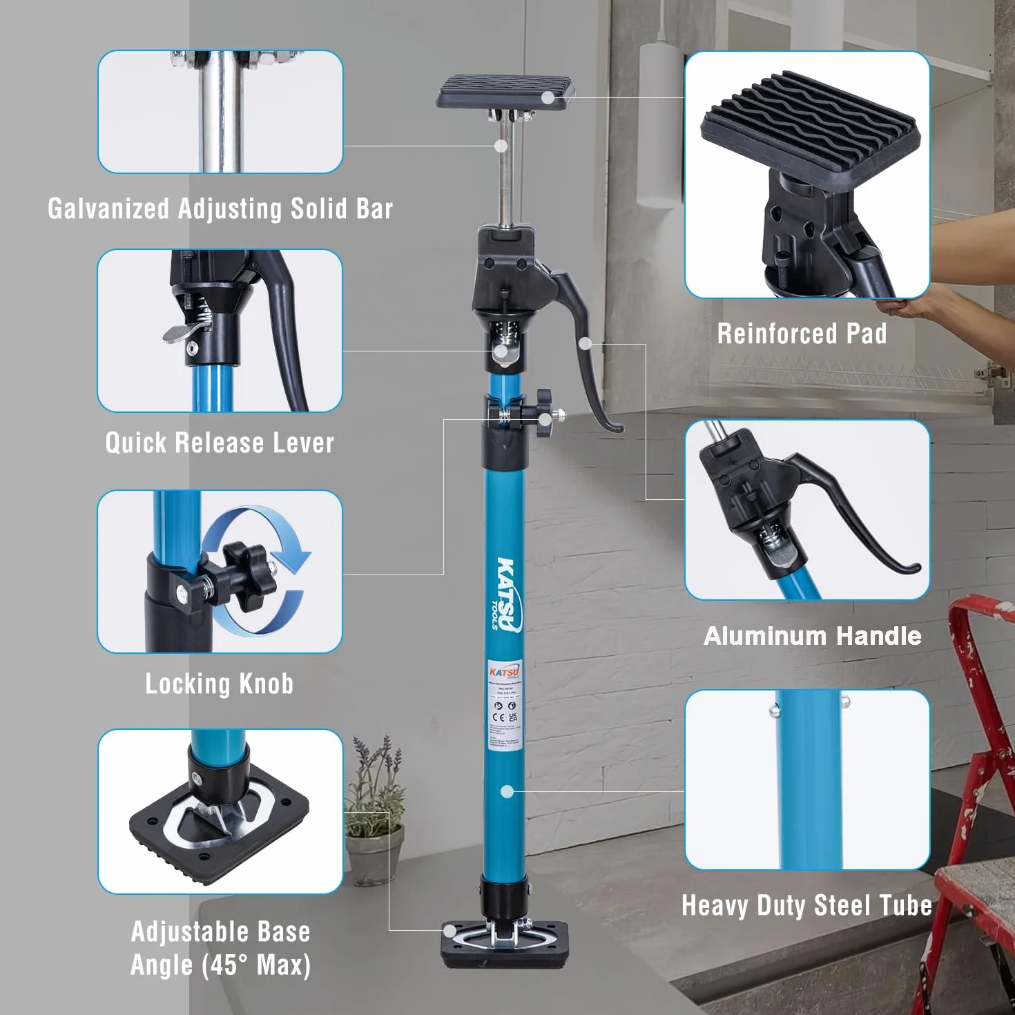 KATSU Tools - Juego de 2 barras telescópicas de soporte rápido de acero de 40-60 cm, capacidad de carga de 40 kg, para puntal de marco de puerta de gabinete de yeso