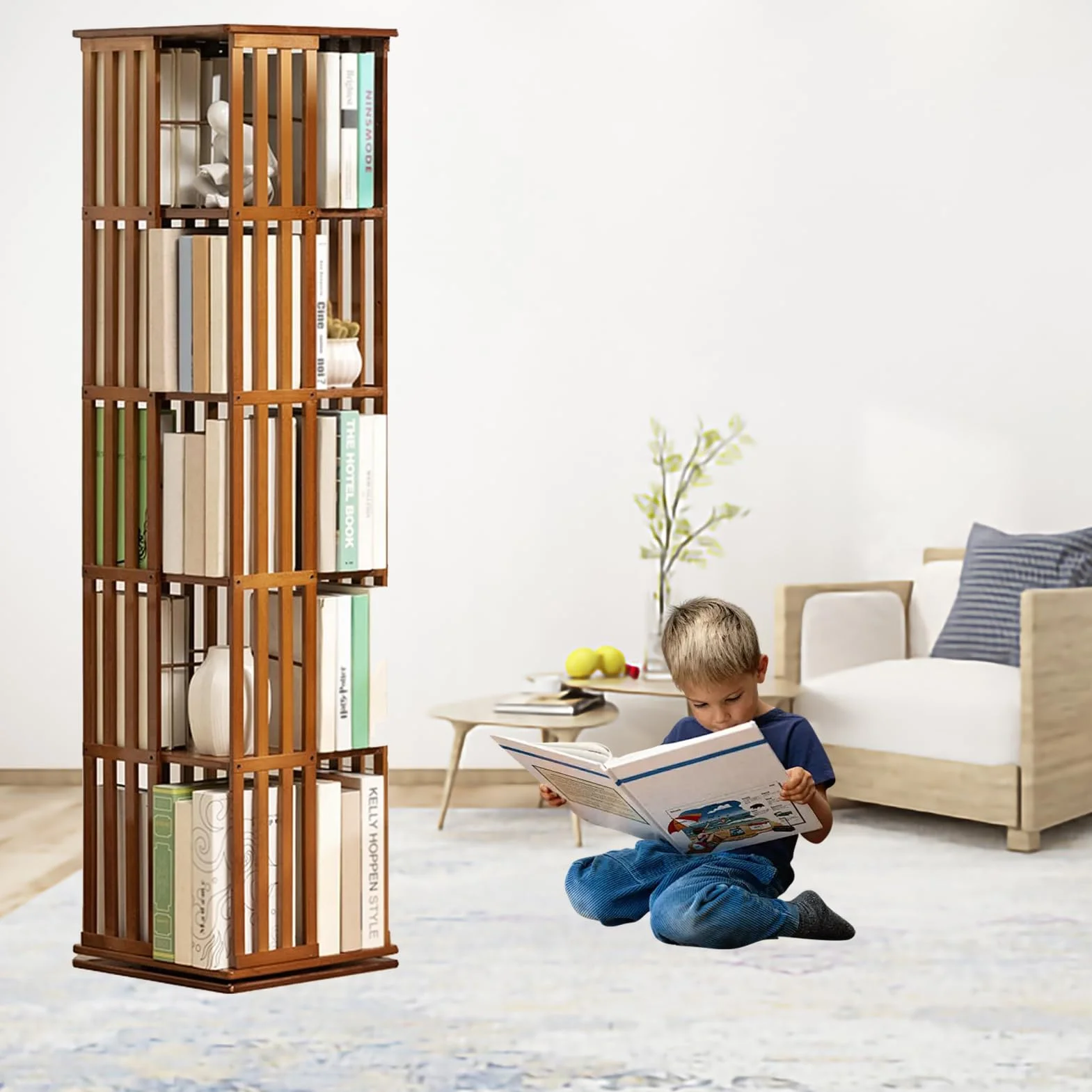 Biblioteca giratoria de bambú a niveles, estante giratorio de 360° con vitrina de esquina, estante para libros y decoración - Estantería de almacenamiento para niños y adultos - Biblioteca