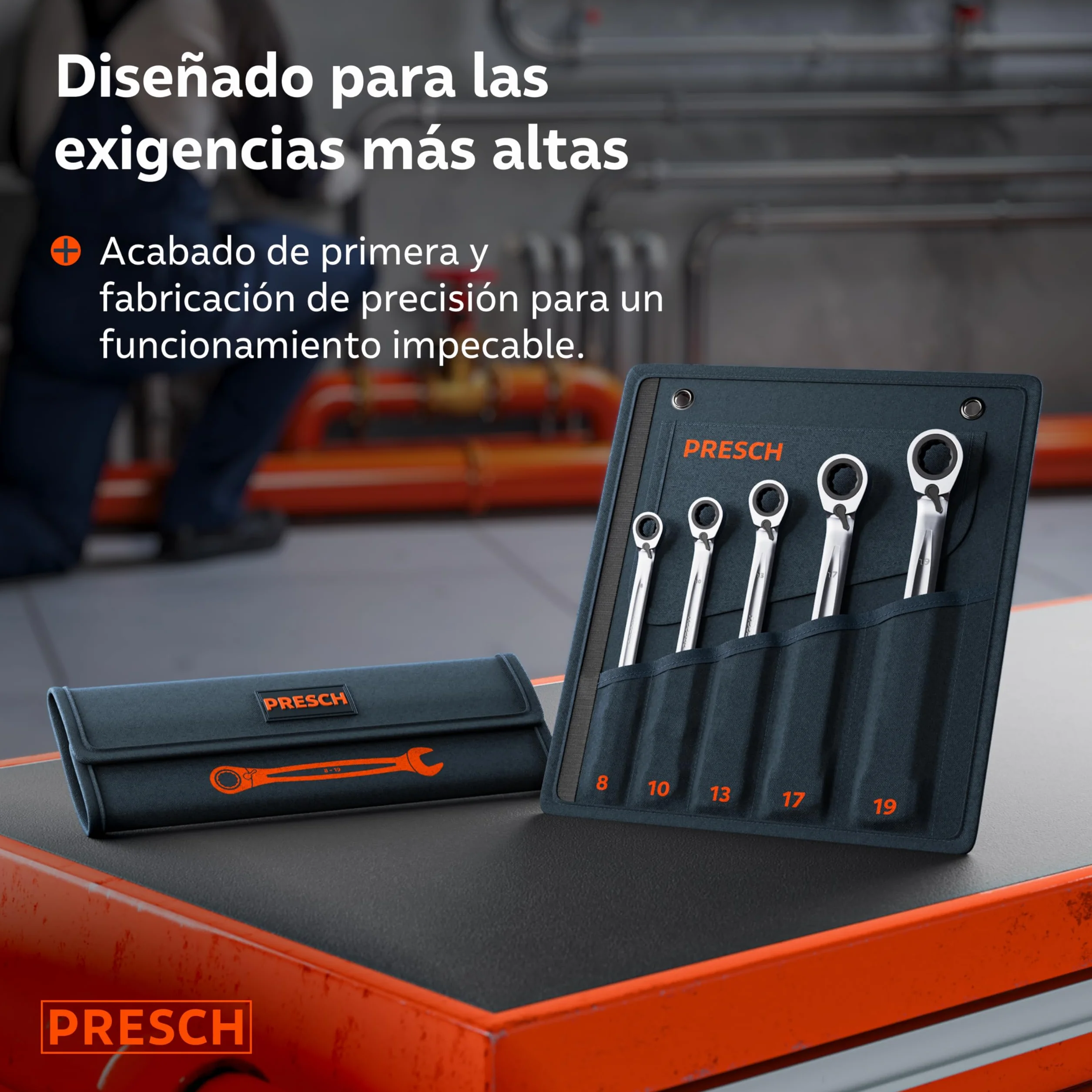 PRESCH Llaves fijas con carraca reversibles 5 uds (8, 10, 13, 17, 19mm) con bolsa - Ángulo de retorno mínimo (4°, 90 dientes) - Juego llaves carraca duraderas fabricados con precisión