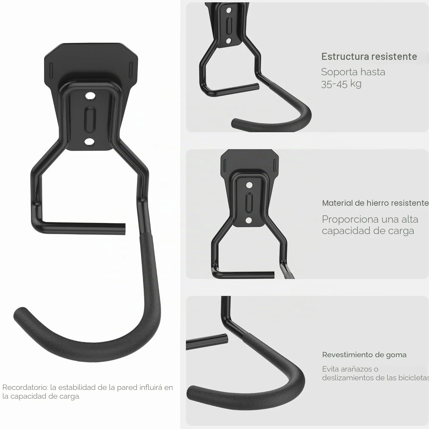Housolution Gancho Vertical de Pared para Colgar Bicicleta, [2 PZS] Soporte de Pared para Bicicleta de Montaña de Hierro hasta 35kg/77 lbs, Colgador de Pared para Bicicleta con Capa de Goma, Negro