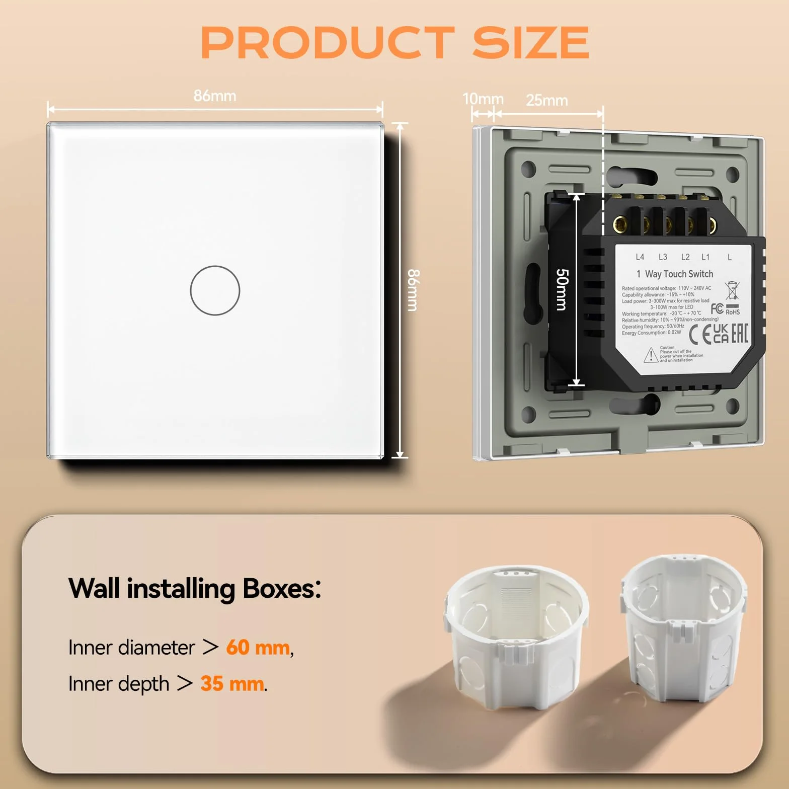 BSEED Interruptor Tactil luz pared,Vidrio Panel con luz Piloto,Sin Función Wifi,1 Gang 1 Vía,86mm Blanco