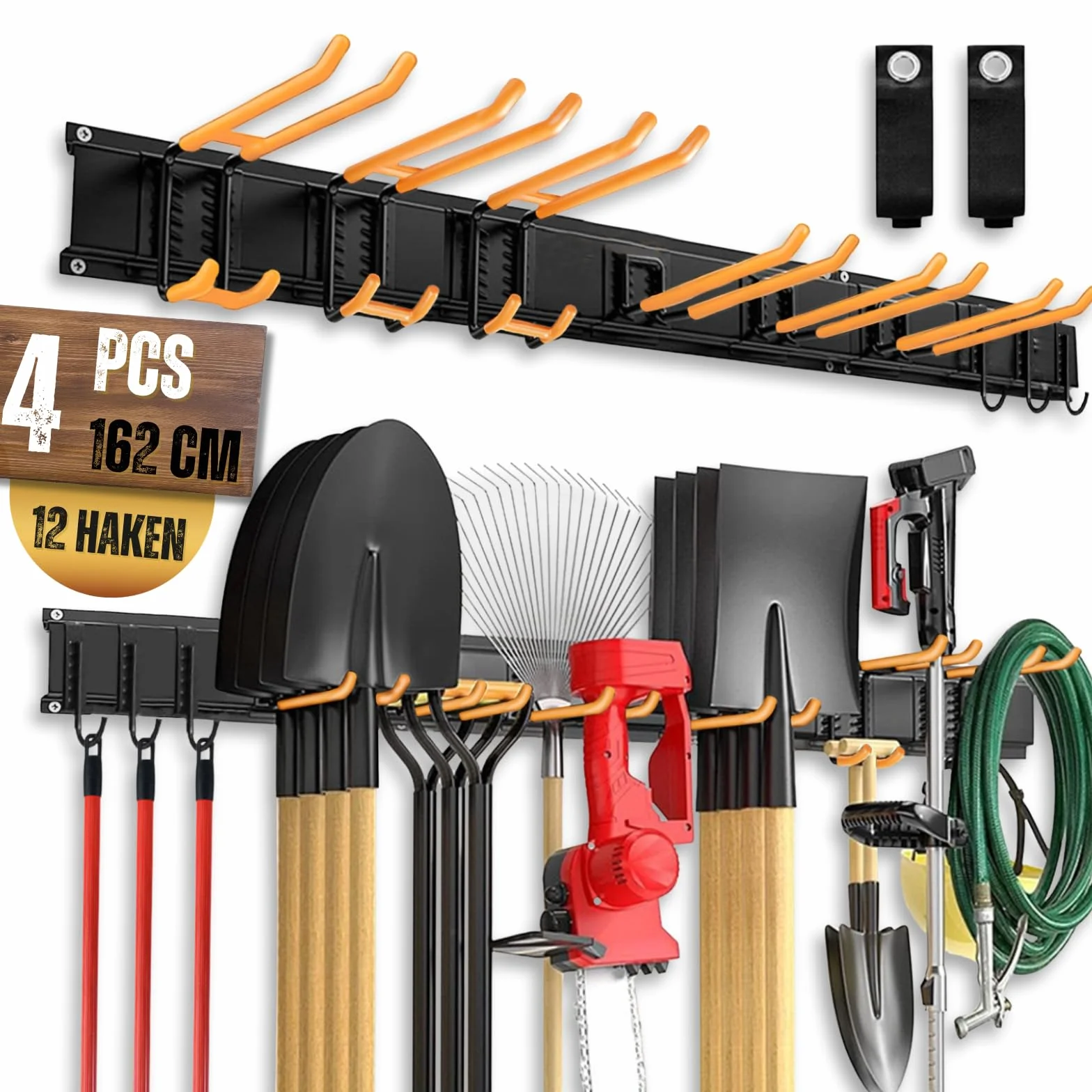 Organizador de Garaje con 4 Guías (162cm), 12 Ganchos Extraíbles con Fundas Antideslizantes, 2 Correas de Carga, Soporte de Jardín de Pared para Taller, Herramientas, Escobas, Rastrillos