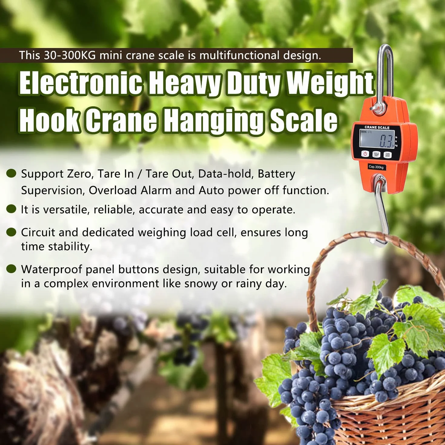 Báscula de Grúa Digital Colgante Electrónica - 300 kg/660 lb, Industrial Con Sensor Preciso, Mini LCD Portátil Con Gancho, Para Fábrica