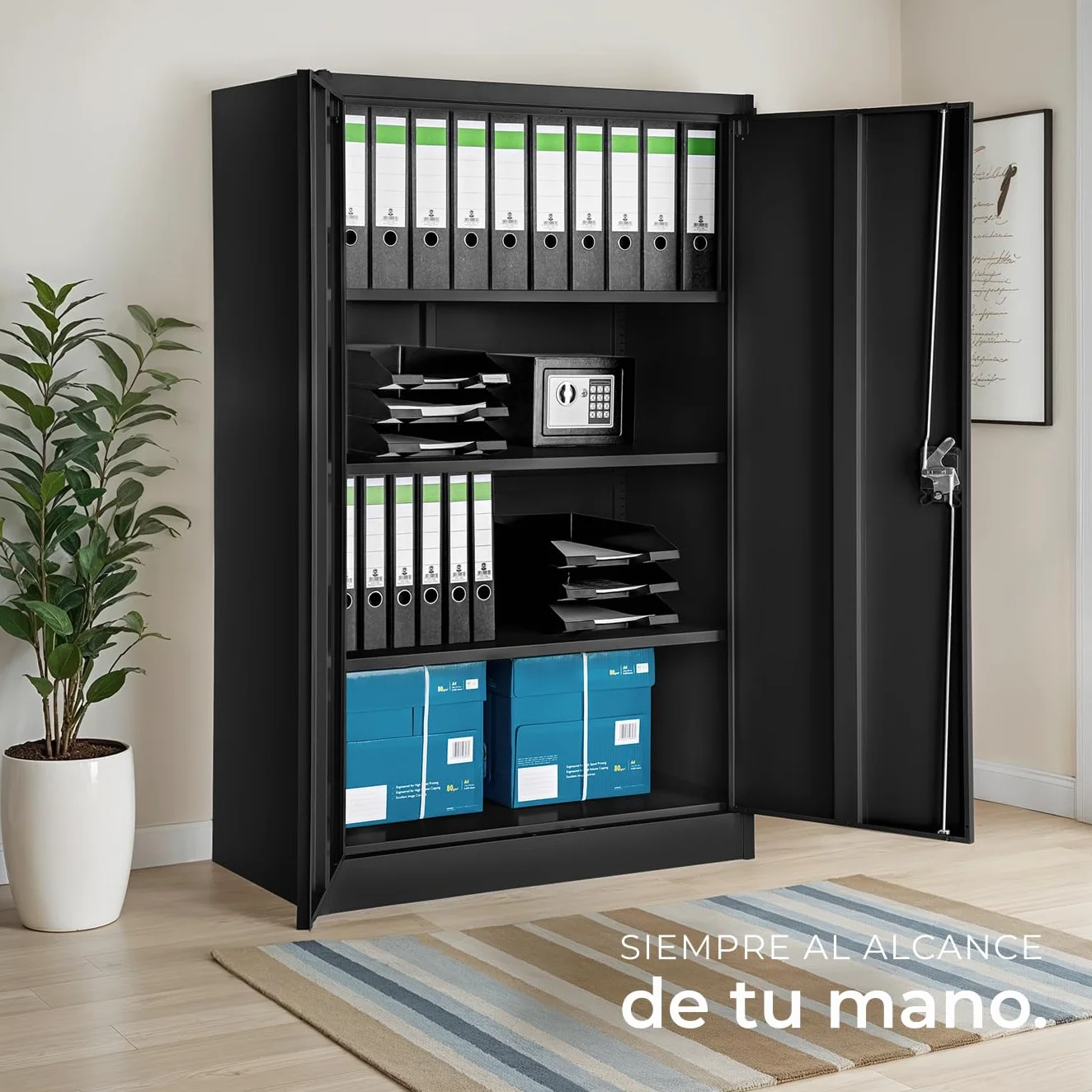 Armario Archivador con Cierre de Seguridad 4 Alturas Cajones Ajustables Mueble Oficina Acero 140x40x90cm Negro