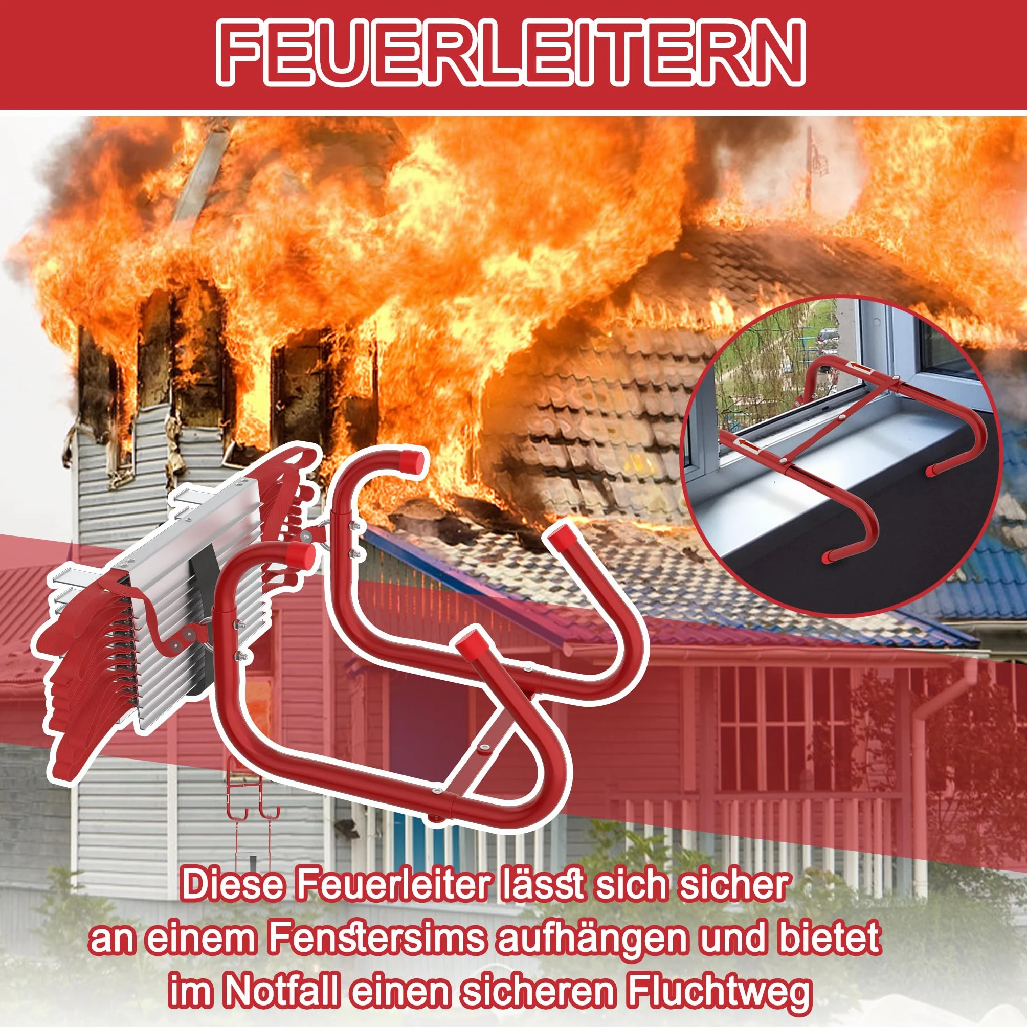 UISEBRT Escalera de emergencia ignífuga, escalera de seguridad, escalera de cuerda retráctil, adecuada para edificios de 4 pisos, balcón, ventana, capacidad de carga de hasta 450 kg (15 m/45 peldaños)