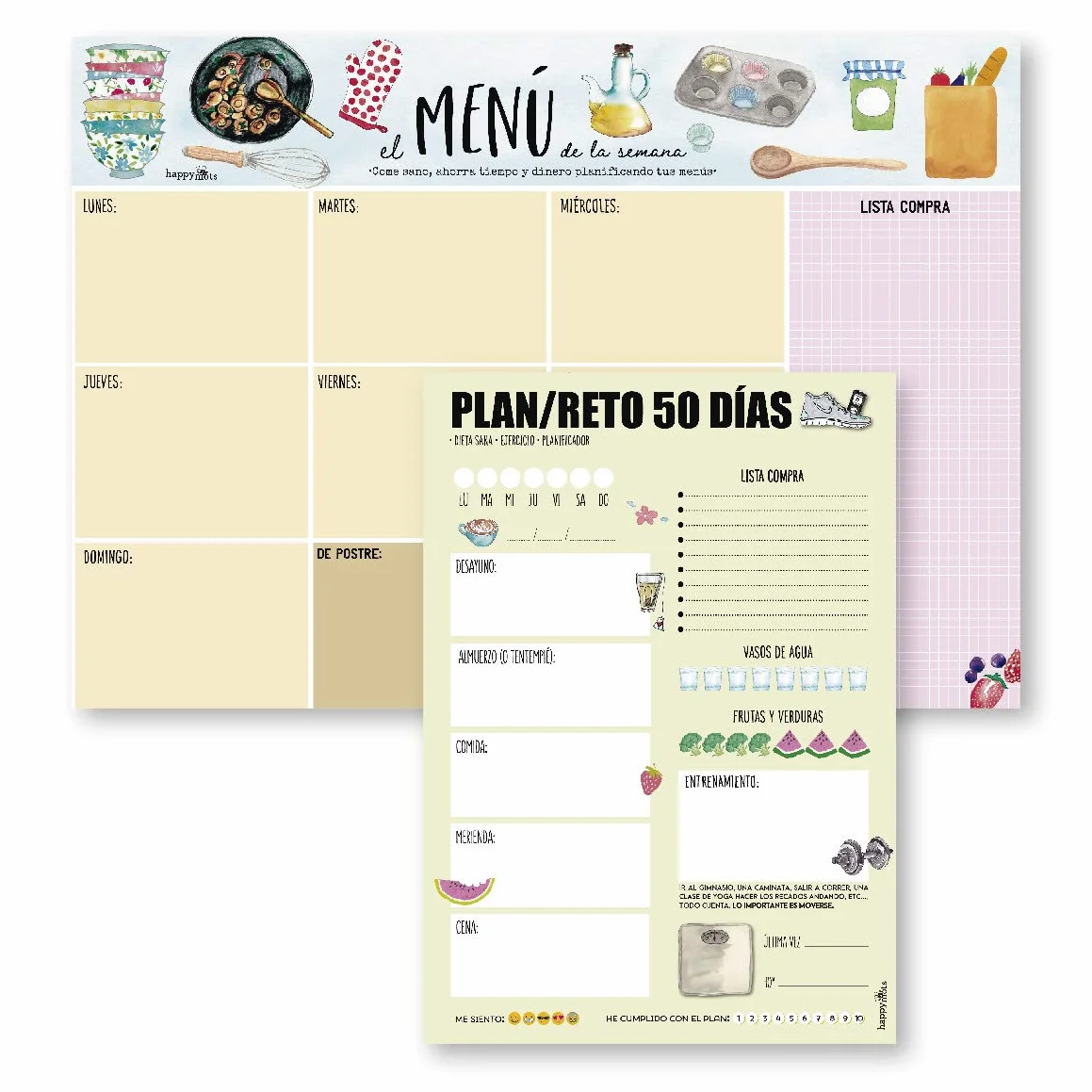 2 planificadores Happymots El Menú de la Semana y Plan Reto 50 días para ponerte en forma