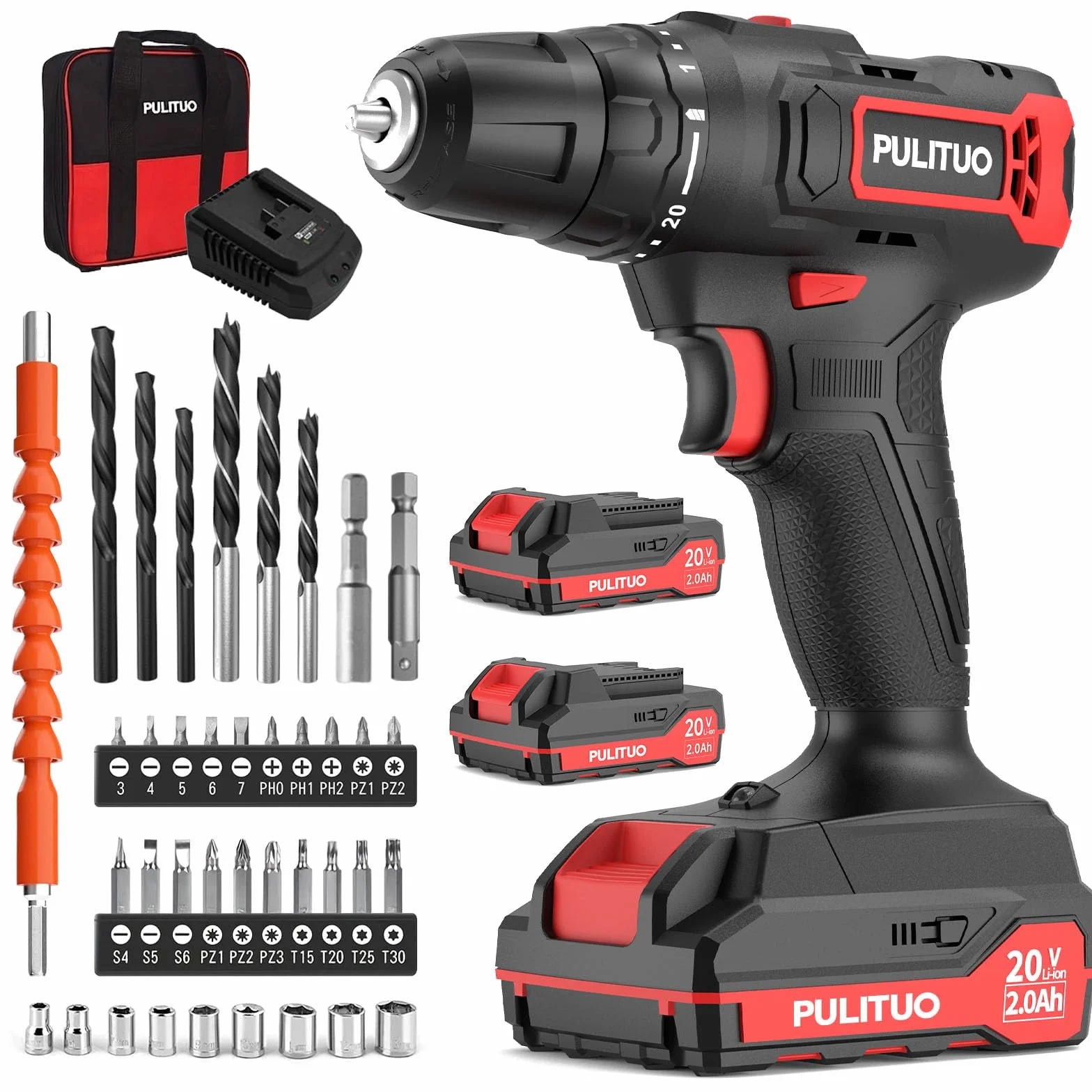 PULITUO 20V Taladro Percutor a Batería, Taladro Atornillador Batería c/ 2x2,0Ah, Portabrocas de 3/8", 2 Velocidades, 21+1 Pares, Con Set de Accesorios de 42 Piezas, Kit de Reparación Doméstica