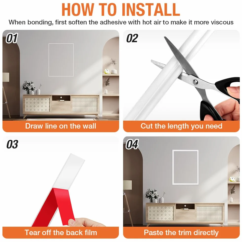 Listones Autoadhesivos para Pared 2.2cm x 3m Molduras Decorativas Flexibles Blanco