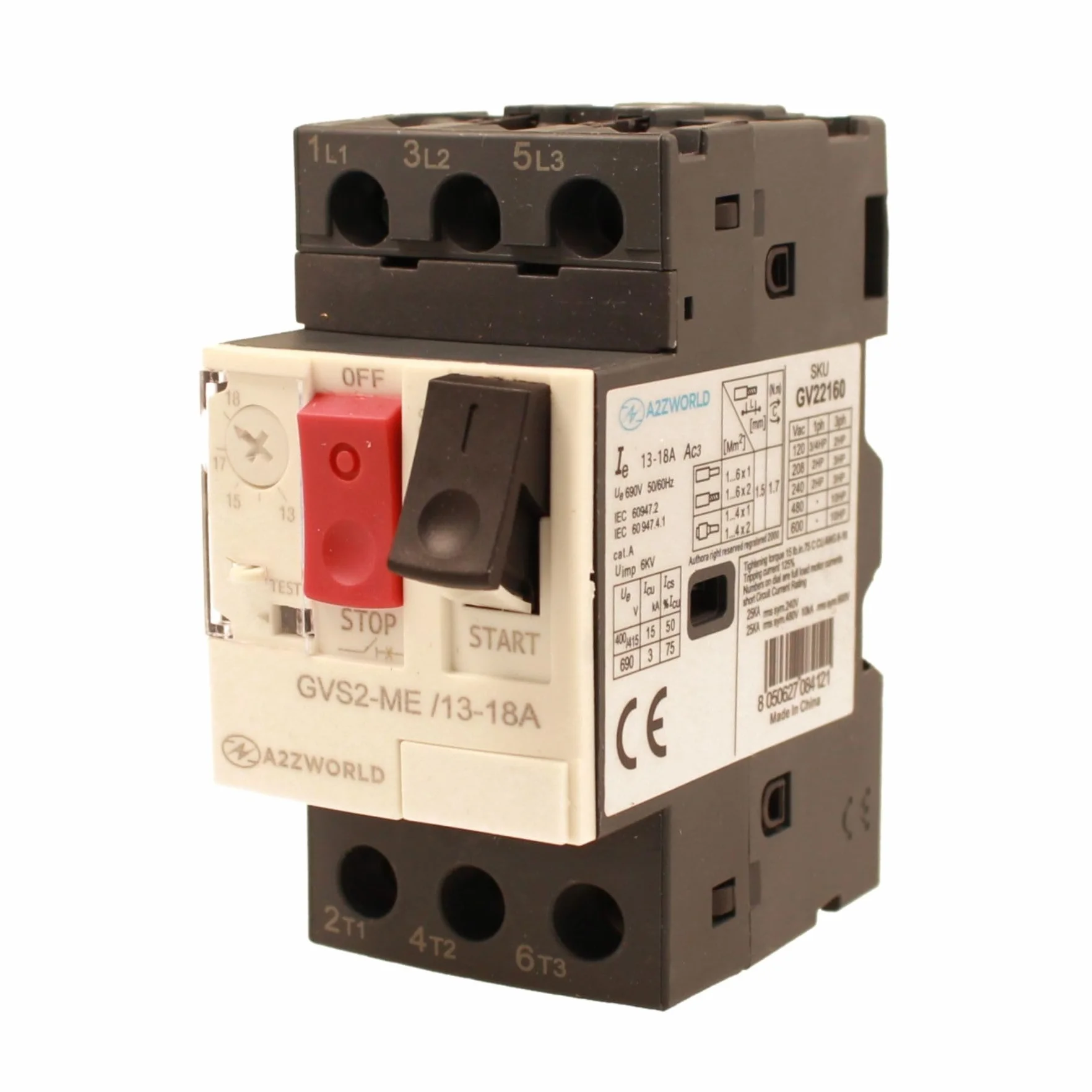 Salvamotor térmico 3P tripolar para protección del motor, ajustable 10-16 A 5,5 kW, interruptor térmico motor 2,5 módulos DIN, 690 V CA para monofásico y trifásico