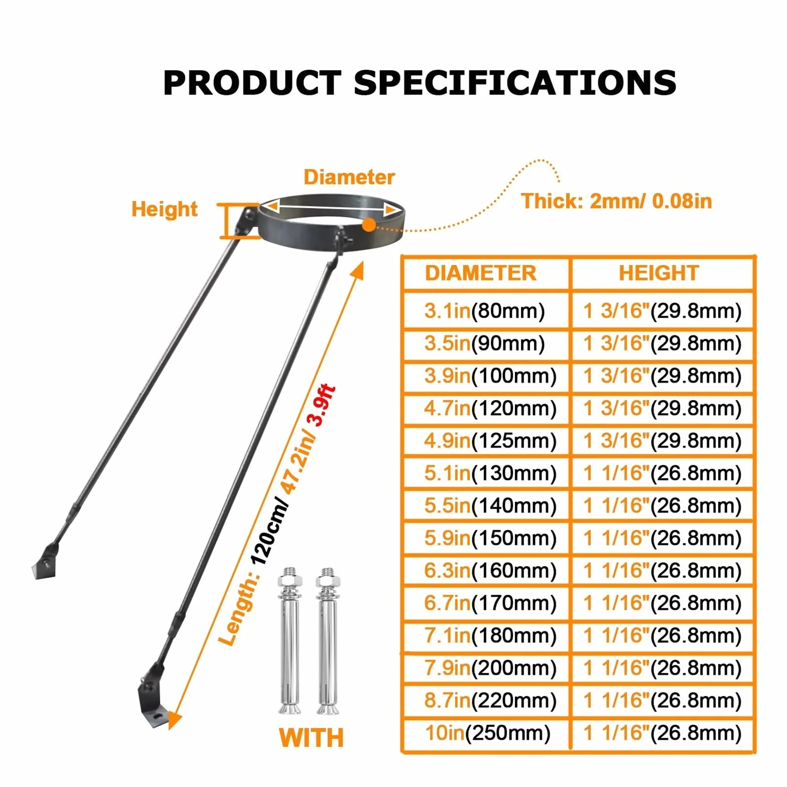 Soporte de tubo de chimenea for estabilidad contra el viento, soporte de pared universal extendido for estufas de leña en lofts o cabañas de troncos(Hoop Dia 10"(250mm))