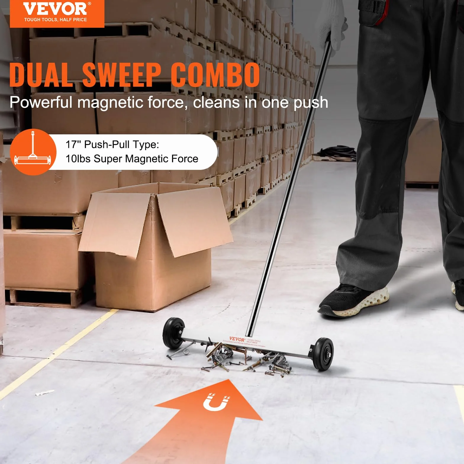 VEVOR Barredora Magnética de 44,5 cm con Ruedas y Mango Ajustable Capacidad de 4,5 kg, Mini Barredora Liviana Magnética para Recoger Clavos y Tornillos Fácil Limpieza del Taller, Garaje, Patio