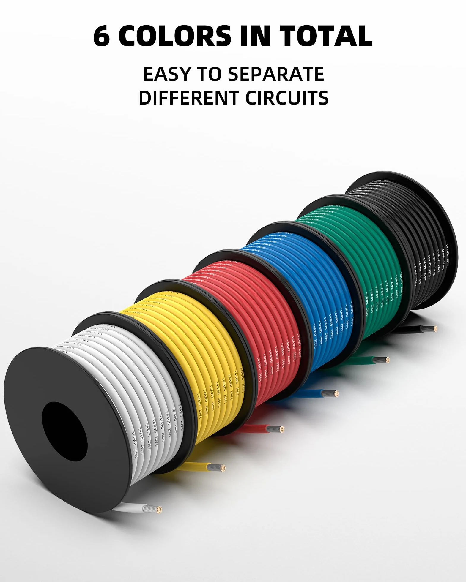 NAOEVO Cable de calibre 14 de 90 pies, cable de 14 AWG, 6 colores de 15 pies cada carrete, cable eléctrico de cobre estañado de silicona flexible, kit de cableado para placa de prueba/automoción