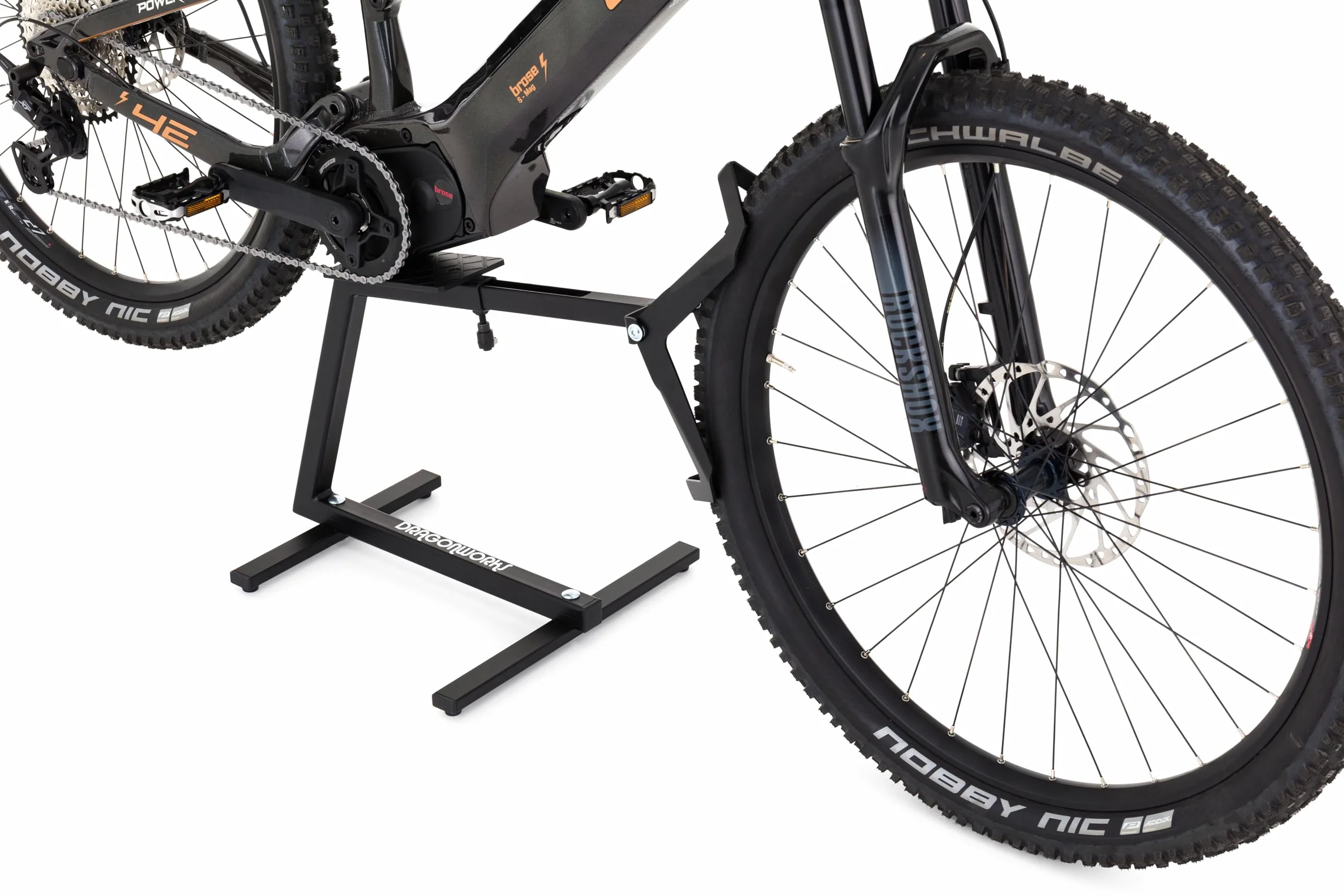 DRAGONWORKS MX Soporte Bicicleta Eléctrica - Soporte Bicicleta para MTB y E-Bike 27,5 - 29”, Rueda Trasera Giratoria para Mantenimiento y Limpieza, Capacidad 45 kg