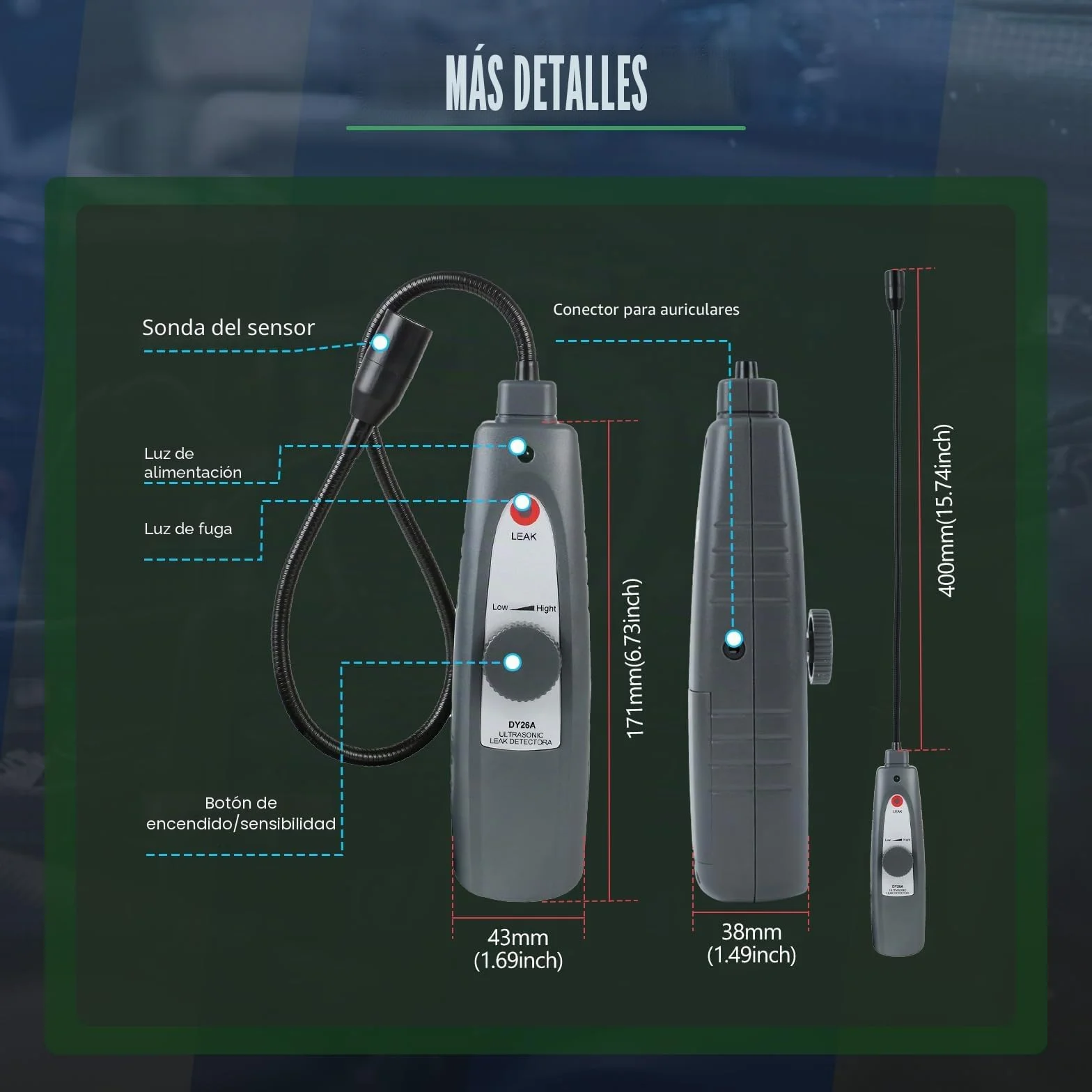 Detector de Fugas ultrasónico, Herramientas de detección de Fugas Detector de Fugas de Aire de 40 KHz ± 2 KHz Buscador de Ruido automotriz con Auriculares Sensor Sensible de sonda de 420 mm