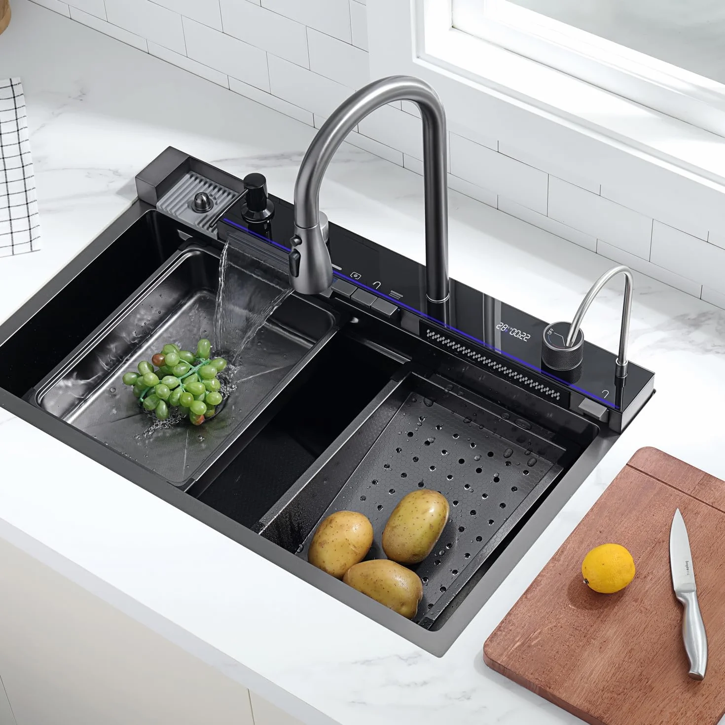 Fregadero de cocina, fregadero de acero inoxidable T304, fregadero de cocina multifuncional, fregadero cascada, fregadero empotrado con grifo digital multifuncional y varios accesorios (80x45cm)