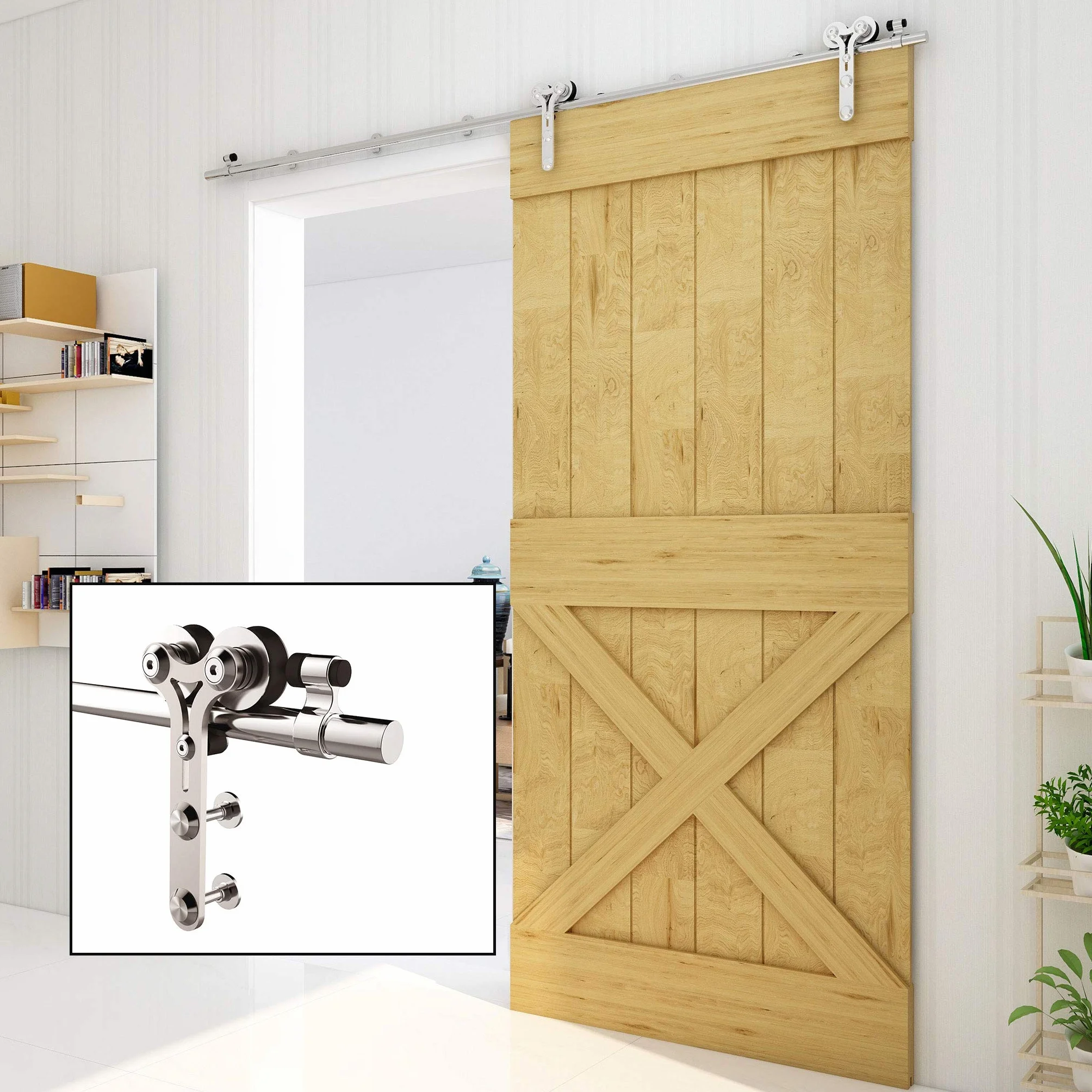 TSMST 5.5FT/167cm Herraje para Puerta Corredera Kit de Acero Inoxidable Accesorios para Puertas Correderas, Riel Juego para Puerta de Madera Soltera-Estilo Y