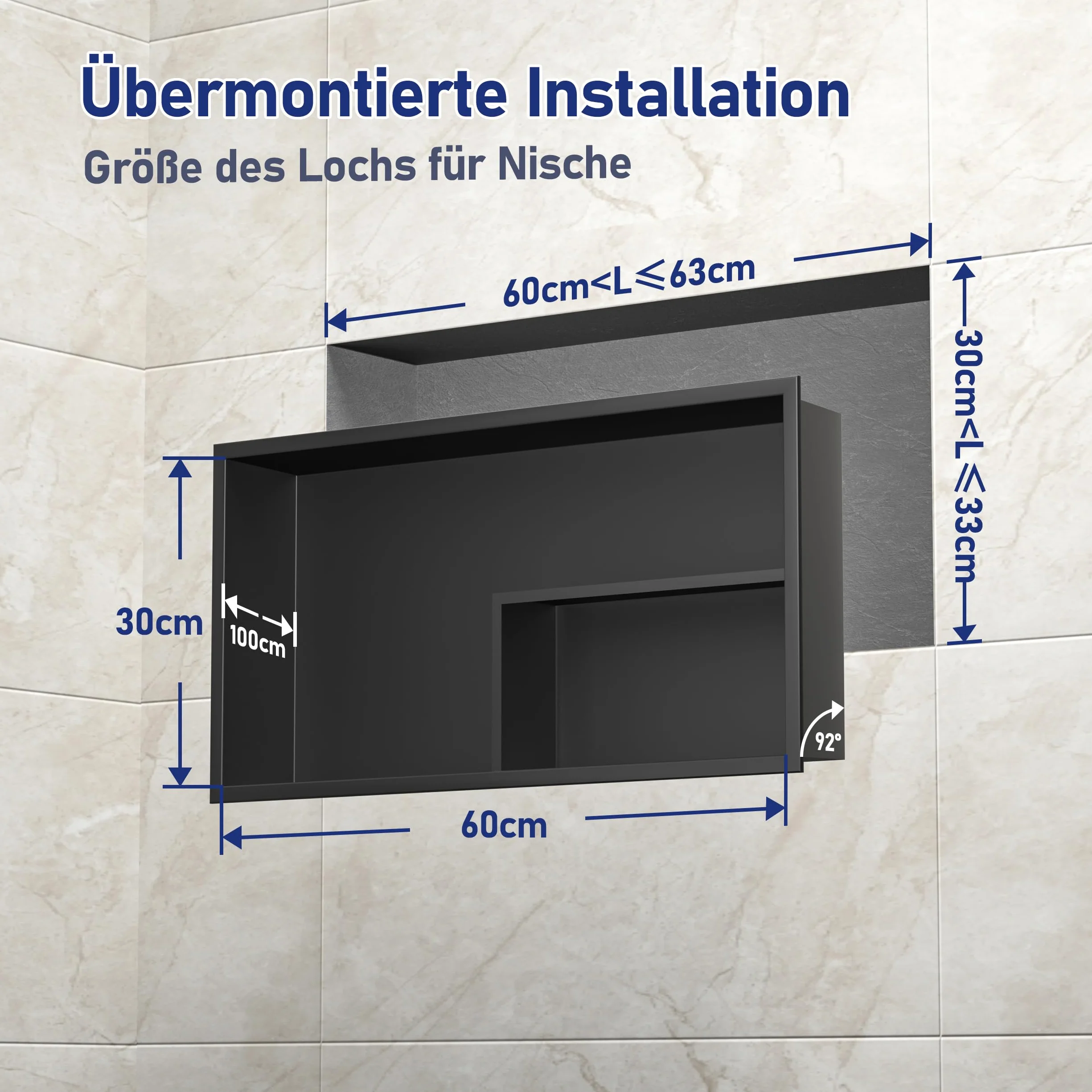 Nicho de ducha de acero inoxidable, 60 x 30 x 10 cm, sin necesidad de baldosas, doble estantes de pared, estante de ducha empotrado para almacenamiento de baño, color negro, estilo 1