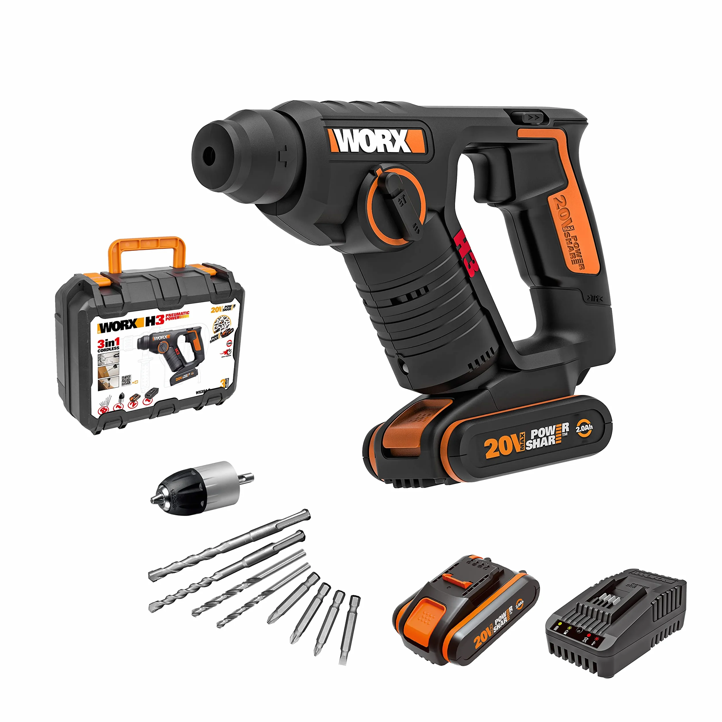 WORX WX394.6 H3 | Martillo sds-plus 20V | Función de taladro | Incluye 2 baterías de 2Ah, cargador y maletín | 3 Funciones | Ligero y compacto | Ideal para taladros en el techo