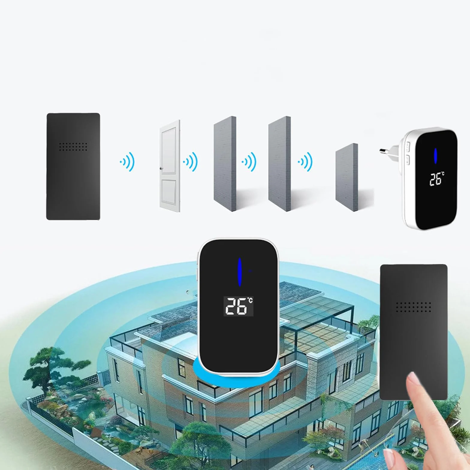 Timbre Inalámbrico, HommyFine Enchufable Timbre Inalámbrico Exterior, 38 Melodías Ajustables, 4 Niveles de Volumen, Doorbell Indicador LED, No Necesita Batería Timbre Inalámbrico (Negro 1+1)