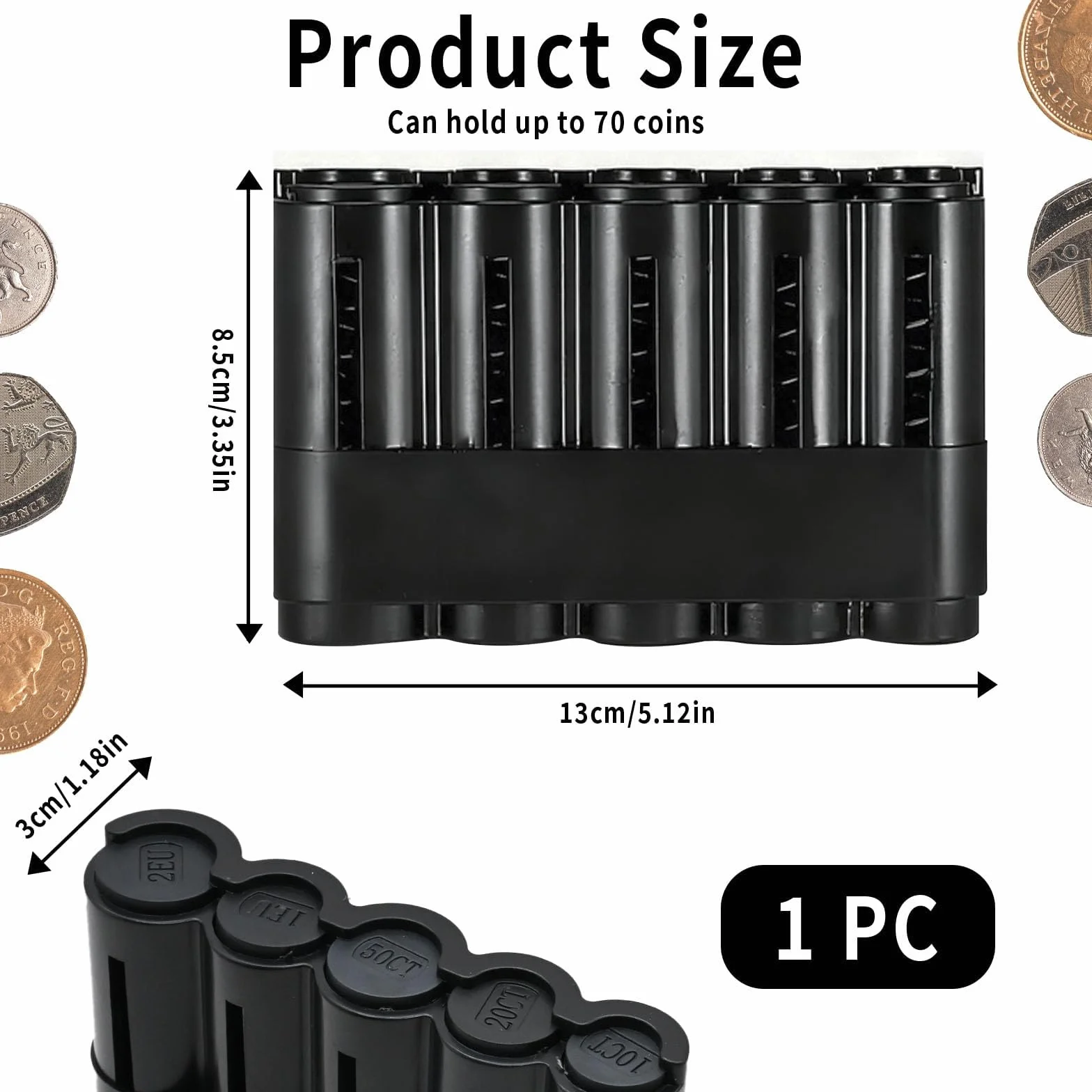 Portamonedas Euro 5 Compartimentos Organizador Monedas Plástico 2€ 1€ 50c 20c 10c Capacidad 70 Monedas 13x8,3x3,4 cm